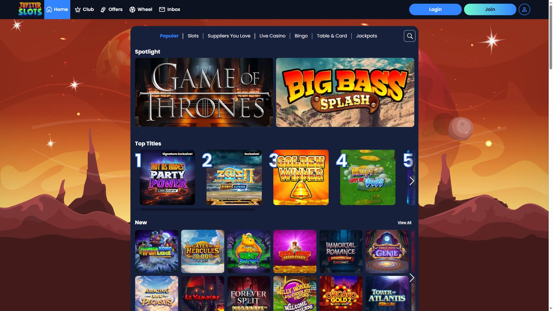 Jupiter Slots — Lobby (Desktop)
