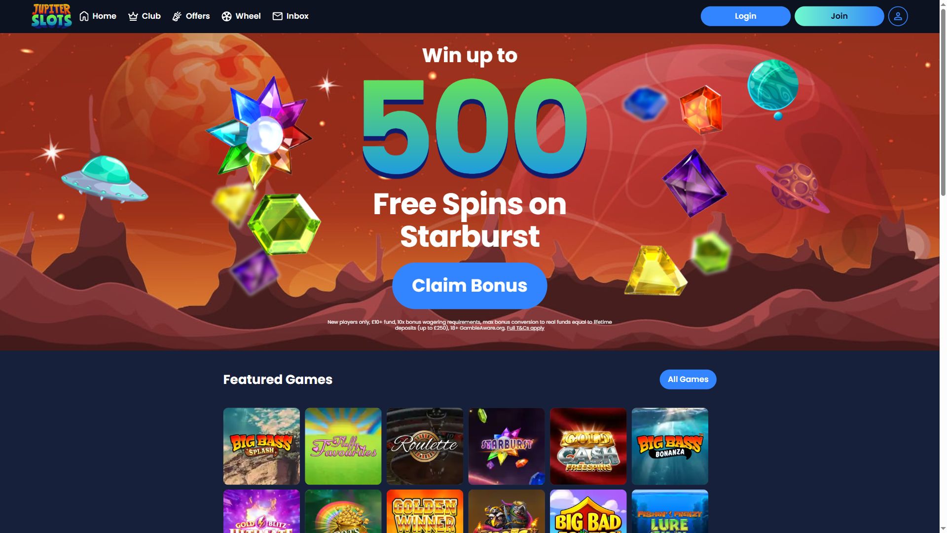 Jupiter Slots — Homepage (Desktop)