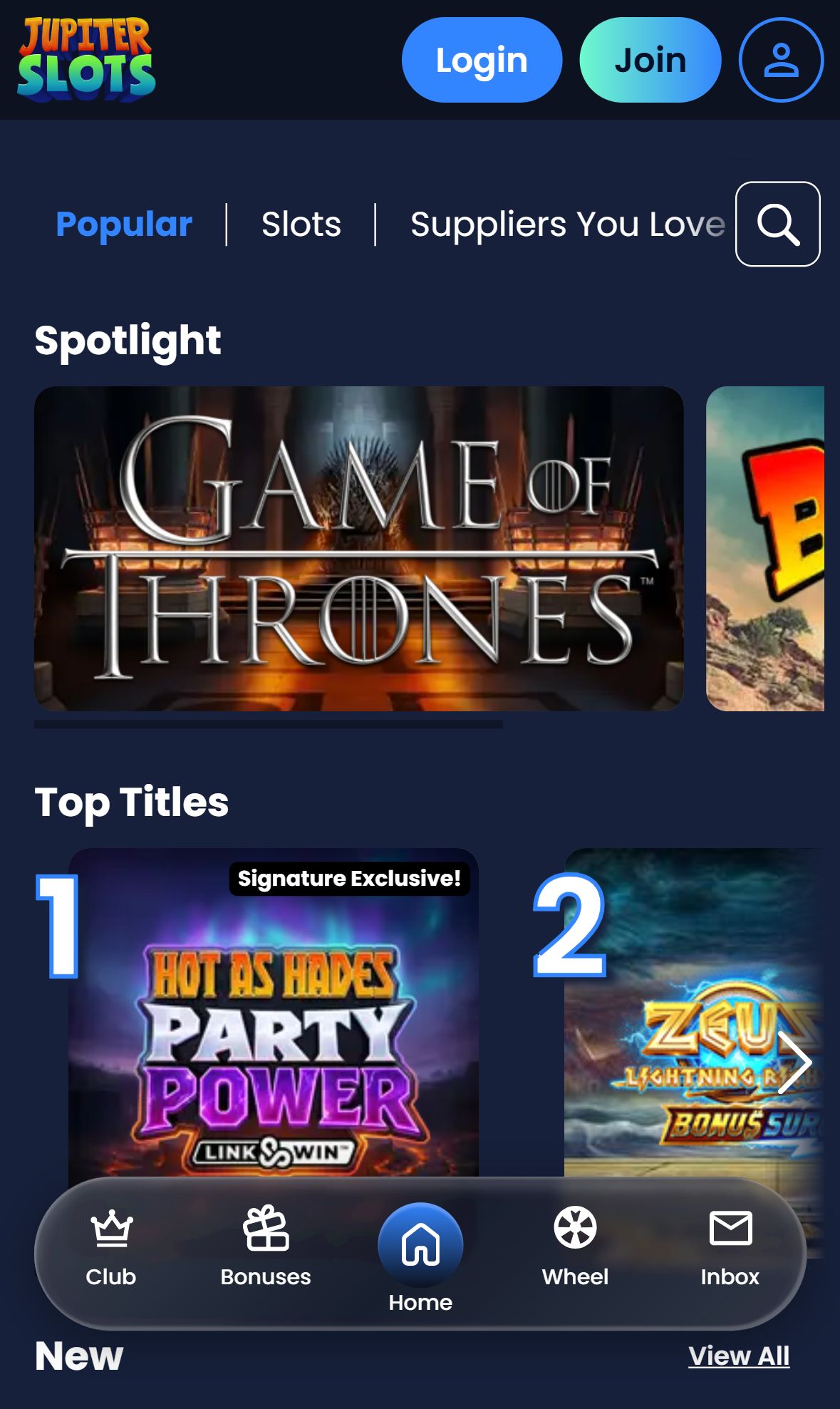 Jupiter Slots — Lobby (Mobile)