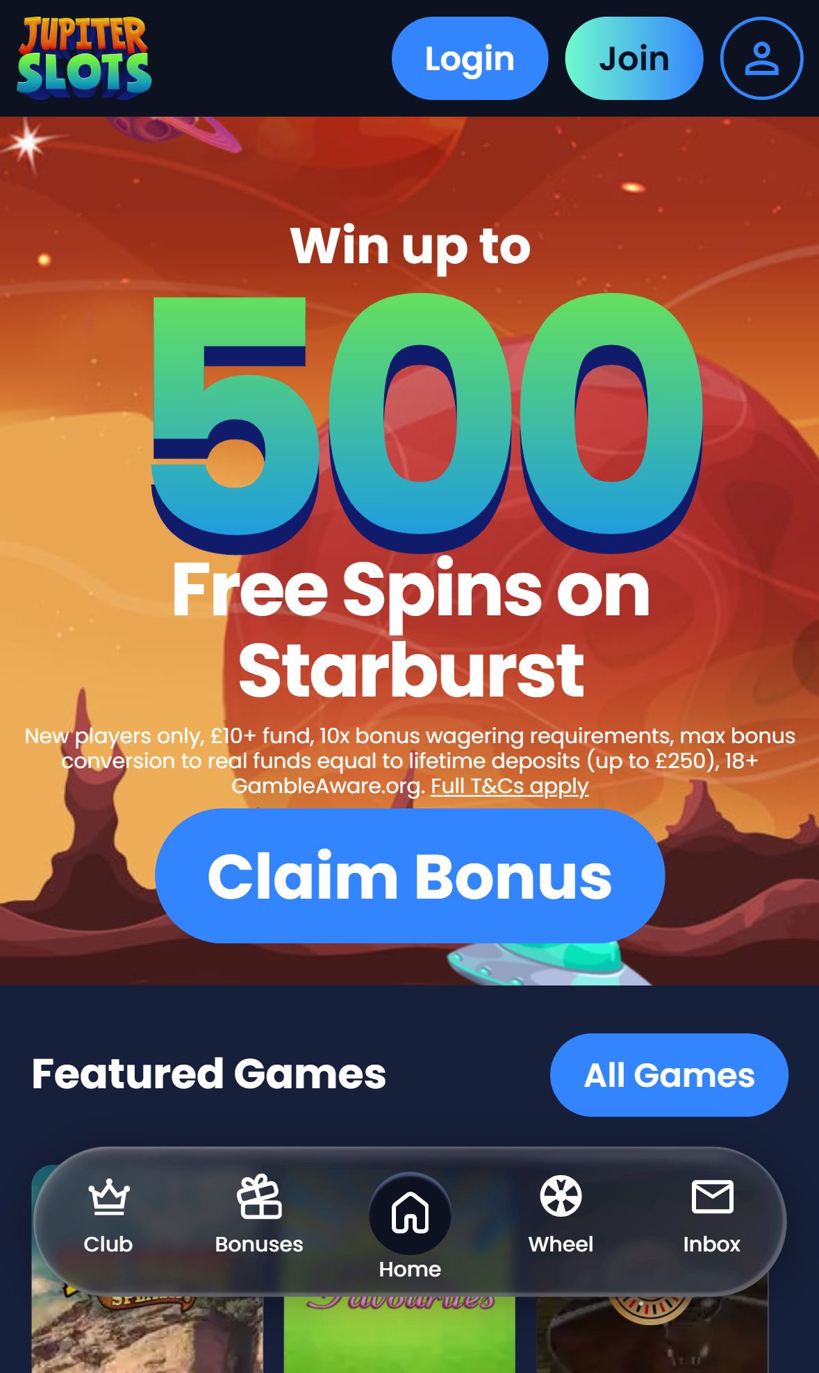 Jupiter Slots — Homepage (Mobile)
