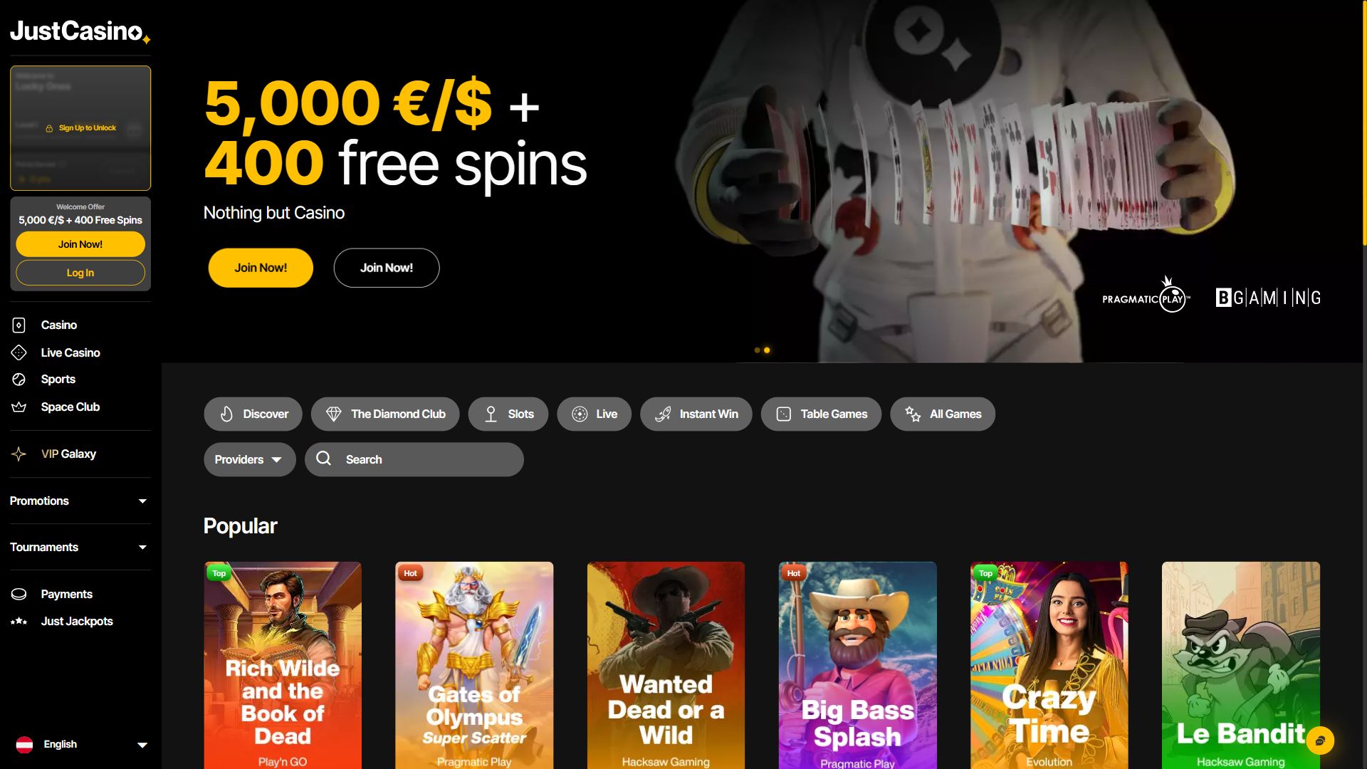 JustCasino — Lobby (Desktop)