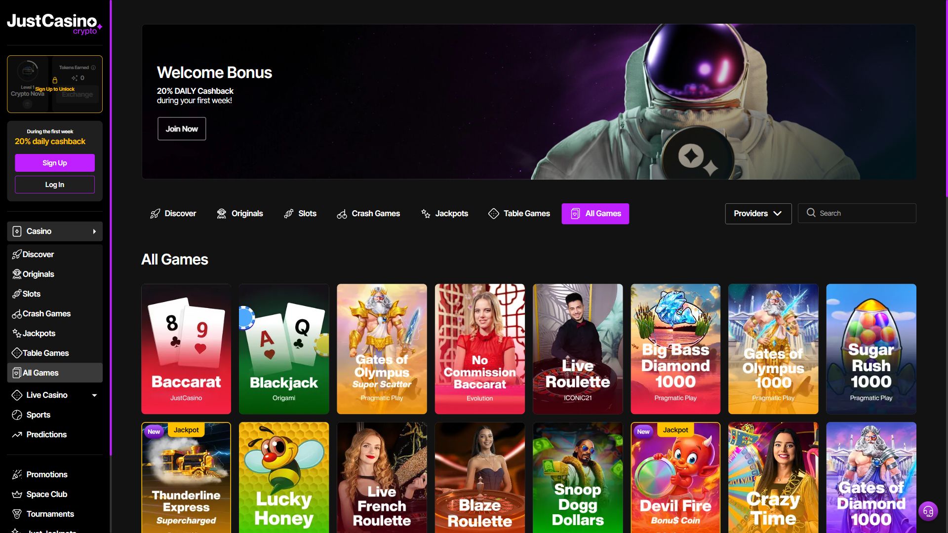 Justcasino.io — Lobby (Desktop)