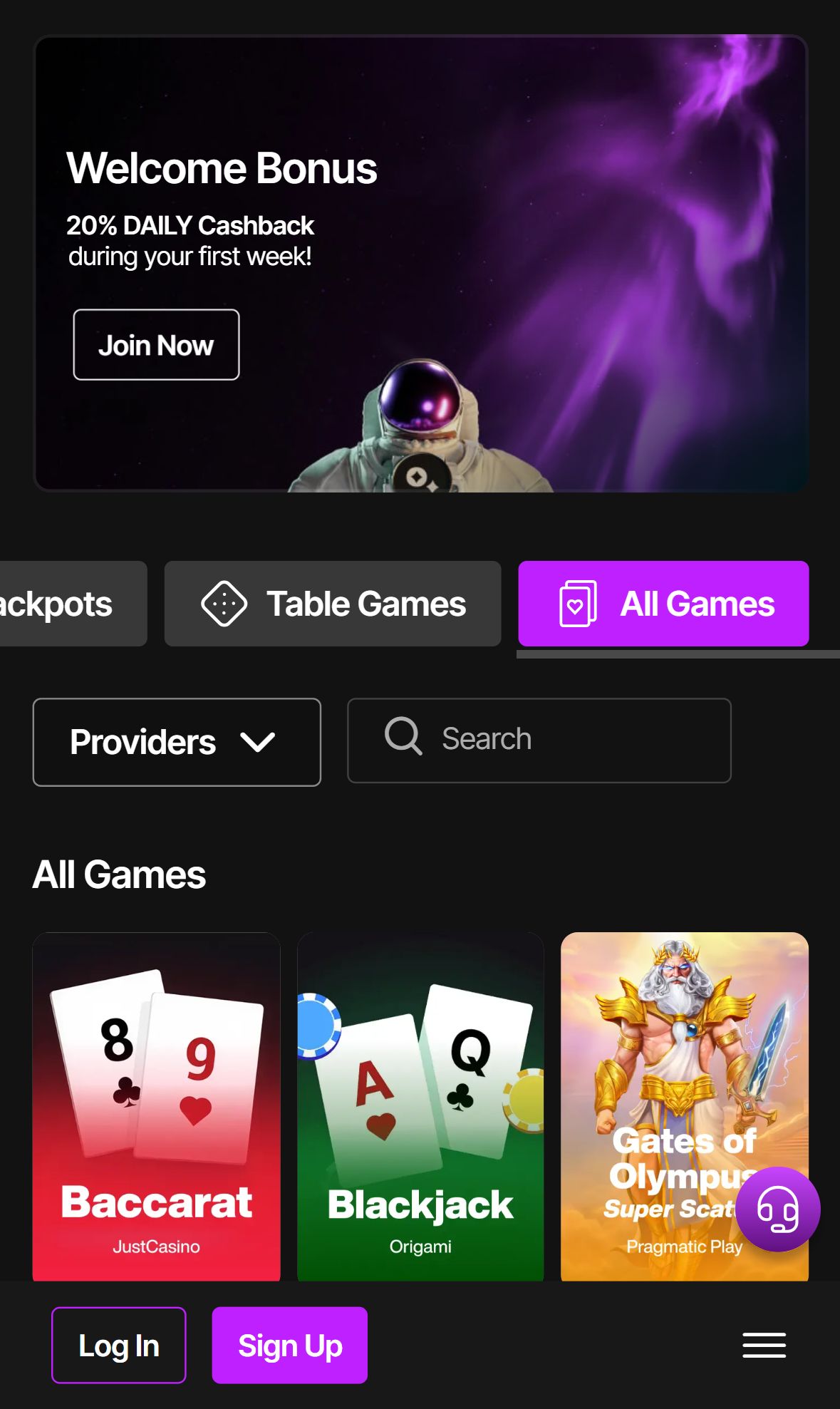 Justcasino.io — Lobby (Mobile)