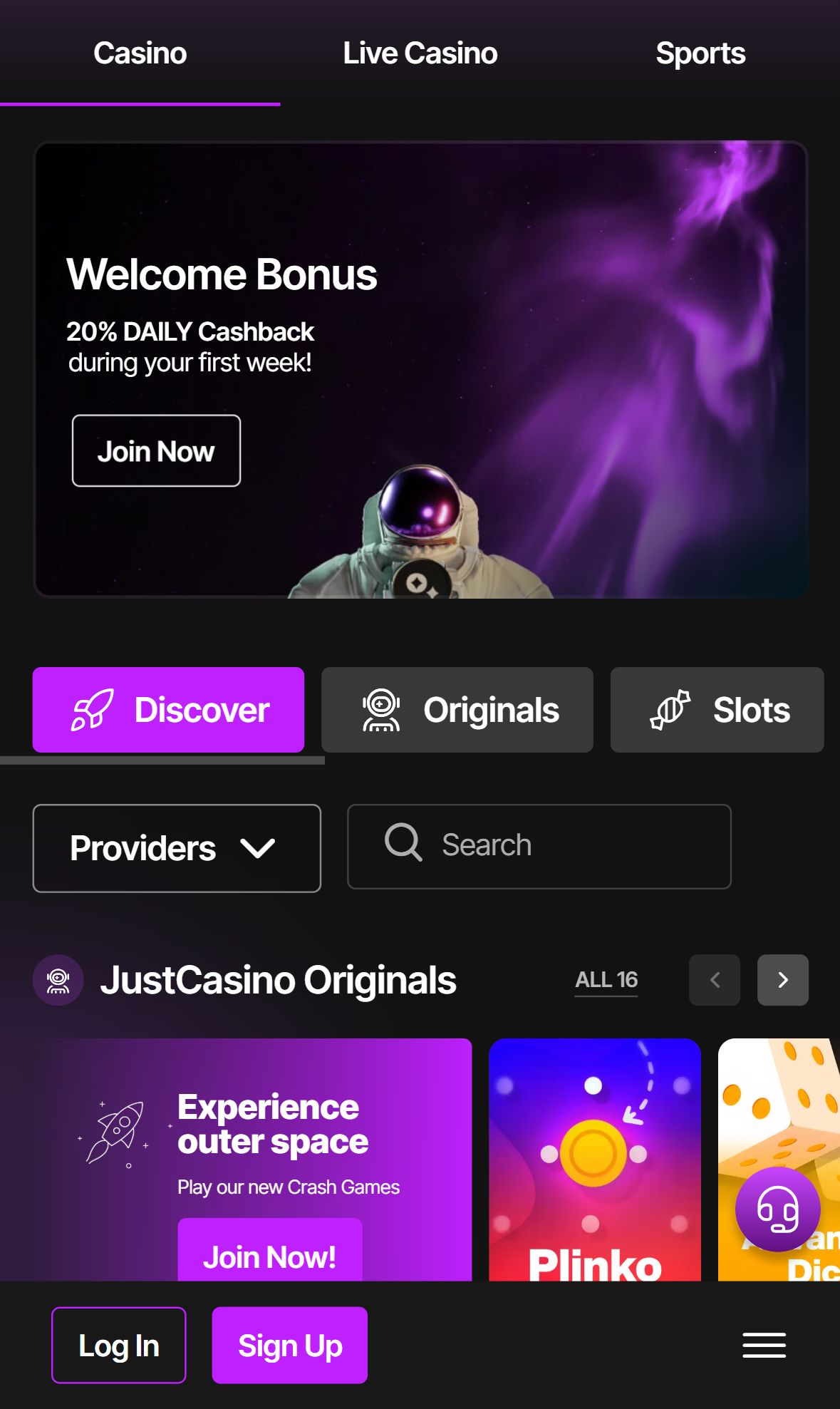 Justcasino.io — Homepage (Mobile)