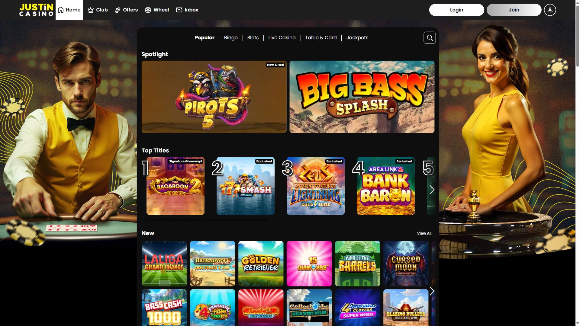 Justin Casino — Lobby (Desktop)