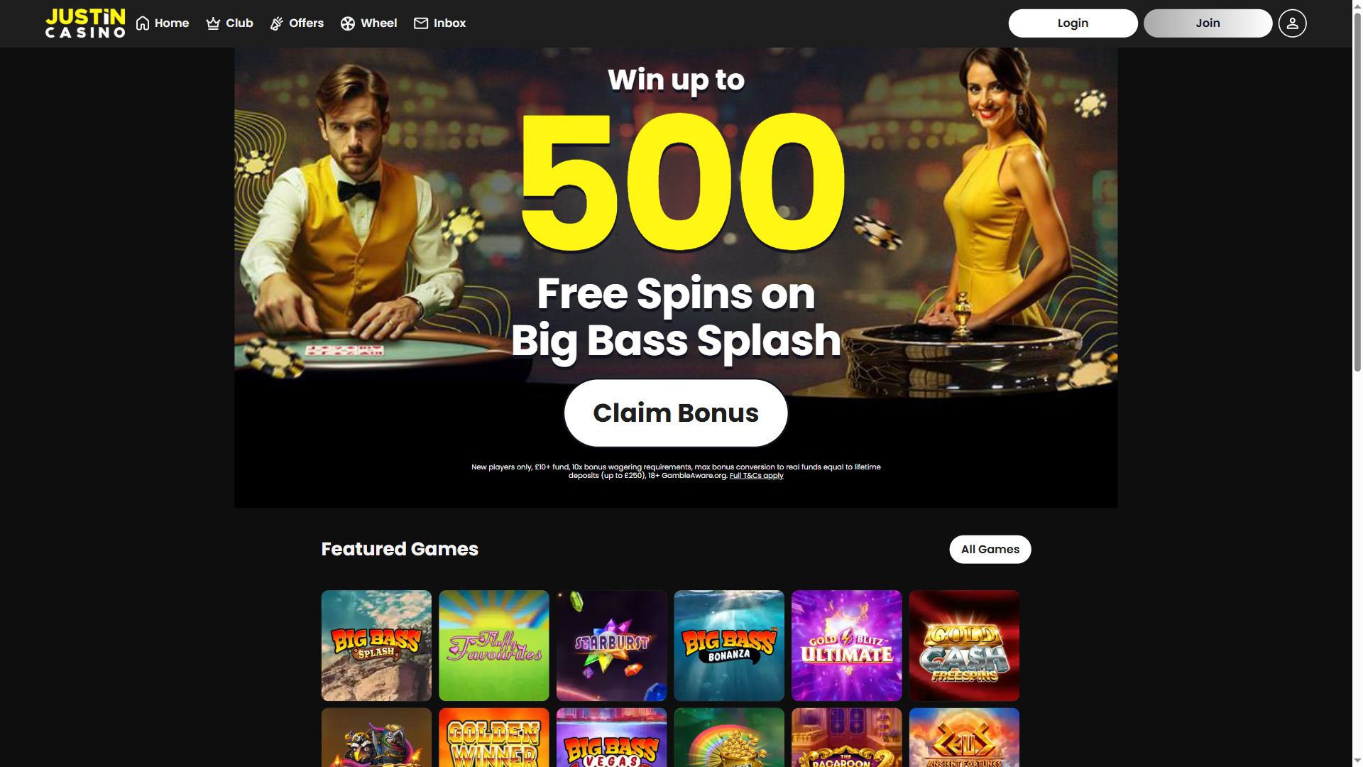 Justin Casino — Homepage (Desktop)