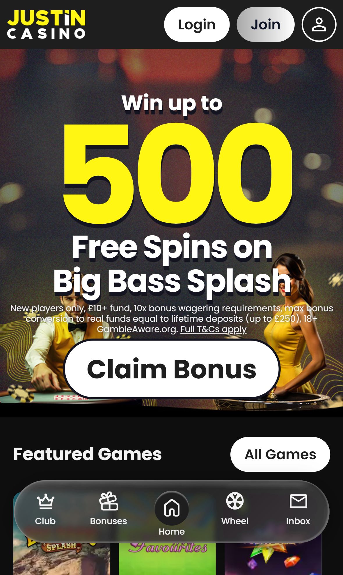 Justin Casino — Homepage (Mobile)