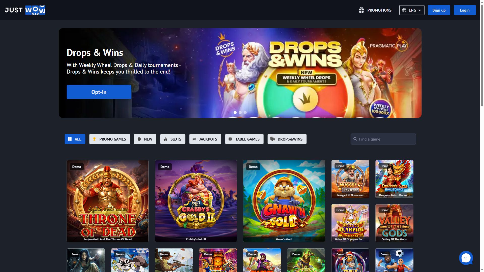 JustWOW Casino — Lobby (Desktop)