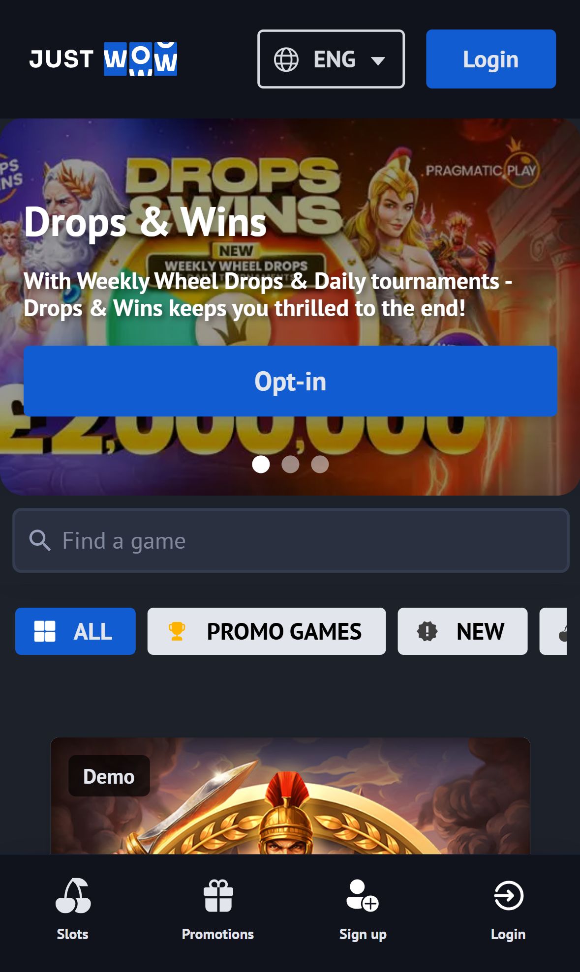 JustWOW Casino — Lobby (Mobile)