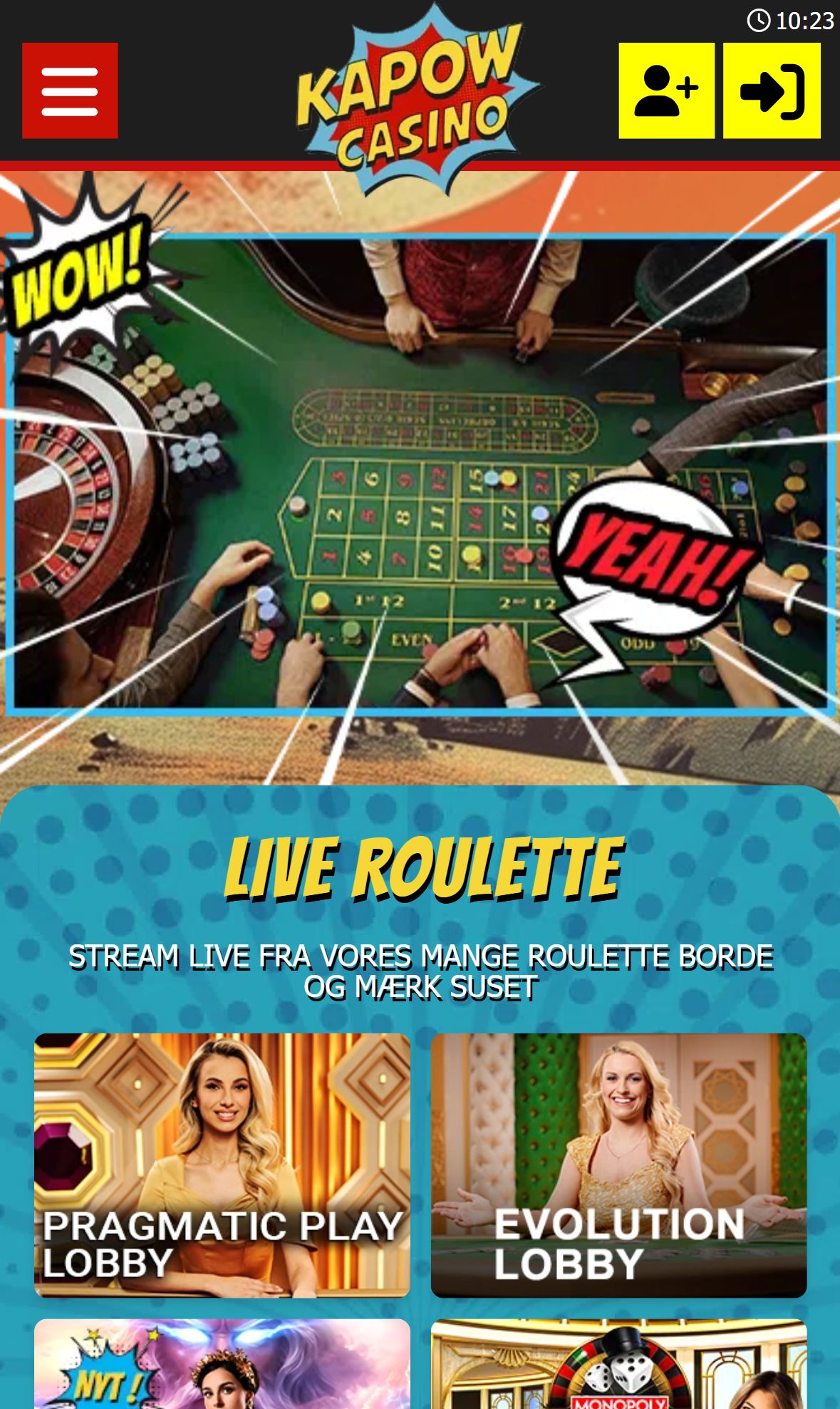 Kapow Casino — Lobby (Mobile)
