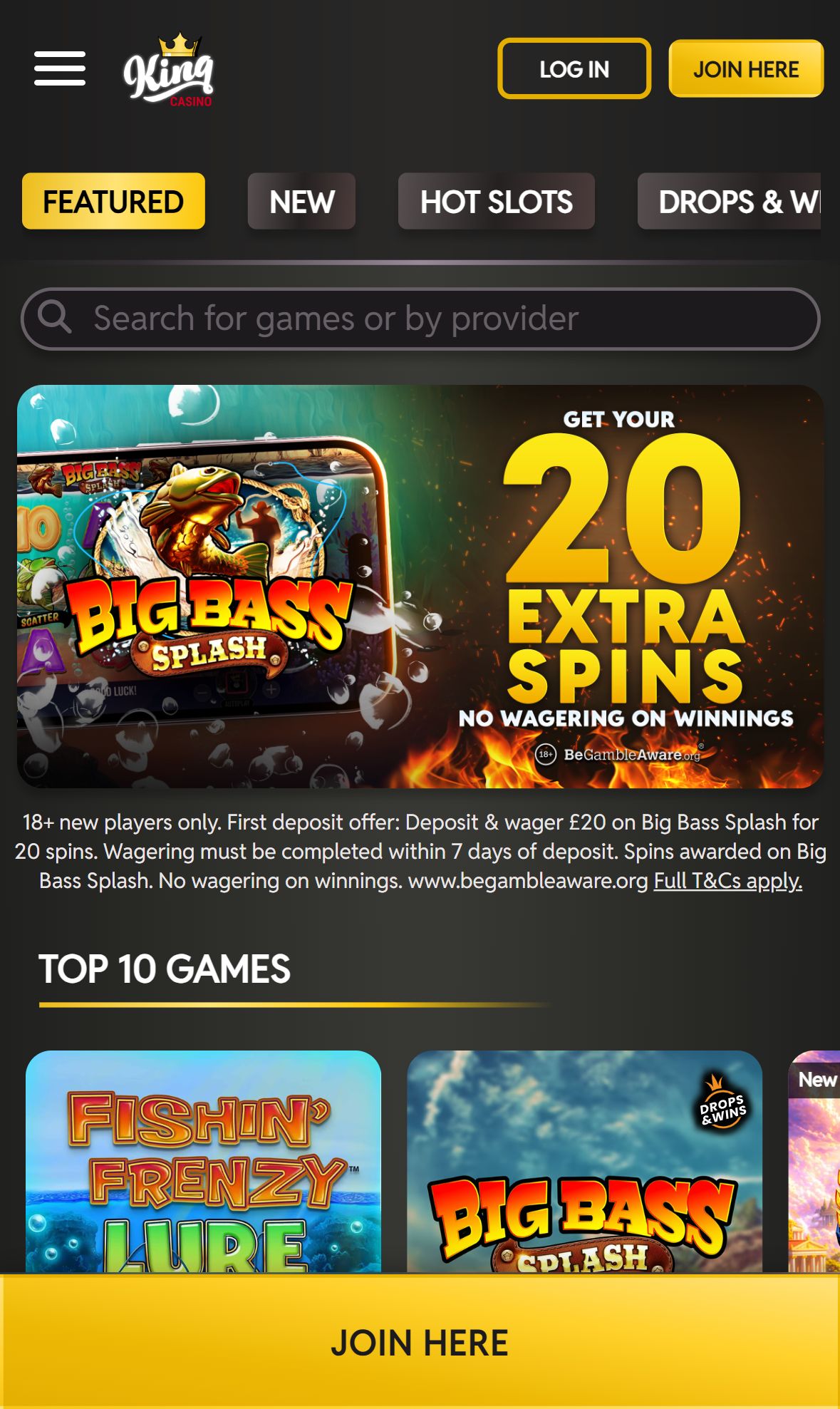 King Casino — Homepage (Mobile)