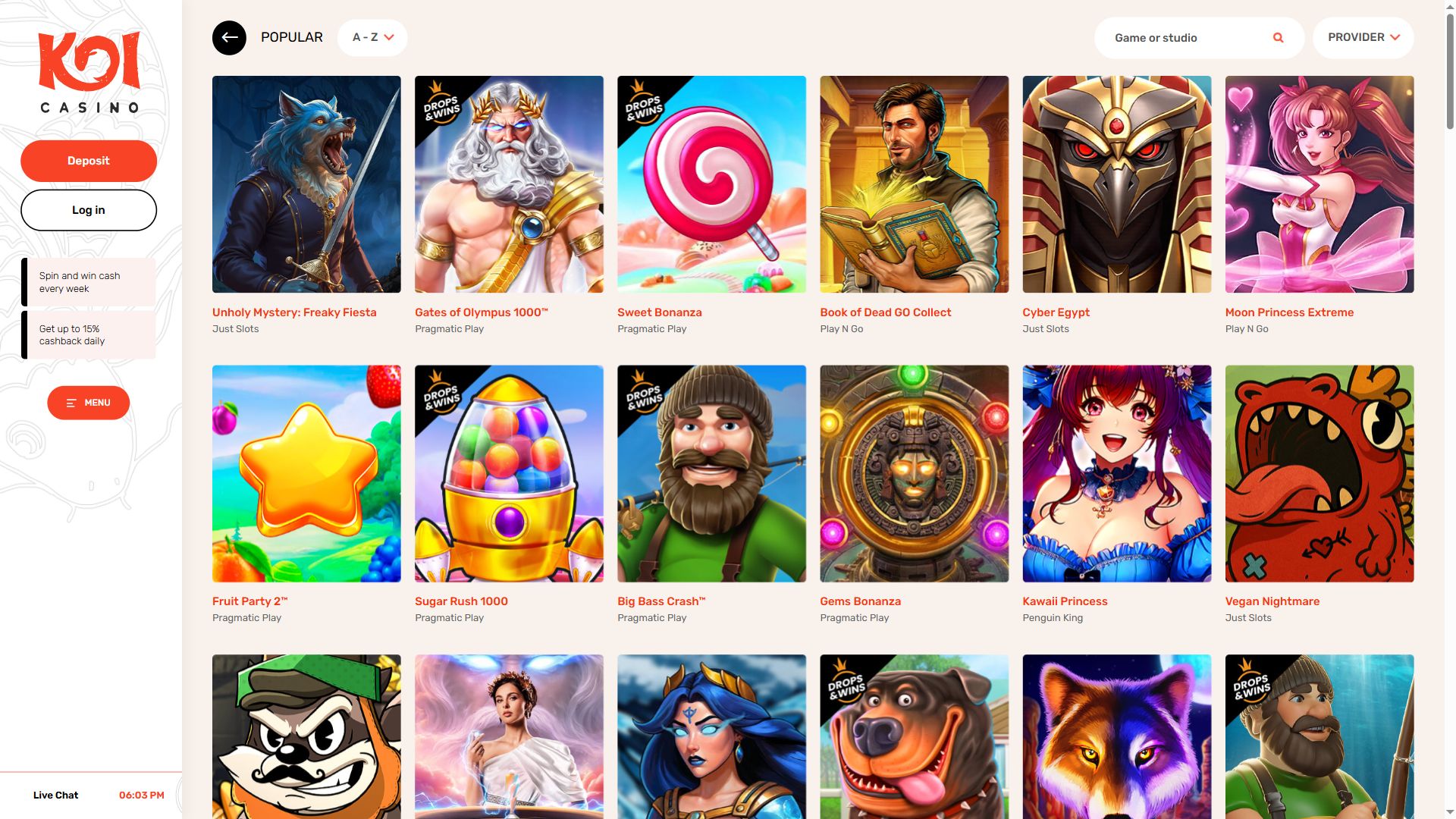 Koicasino — Lobby (Desktop)