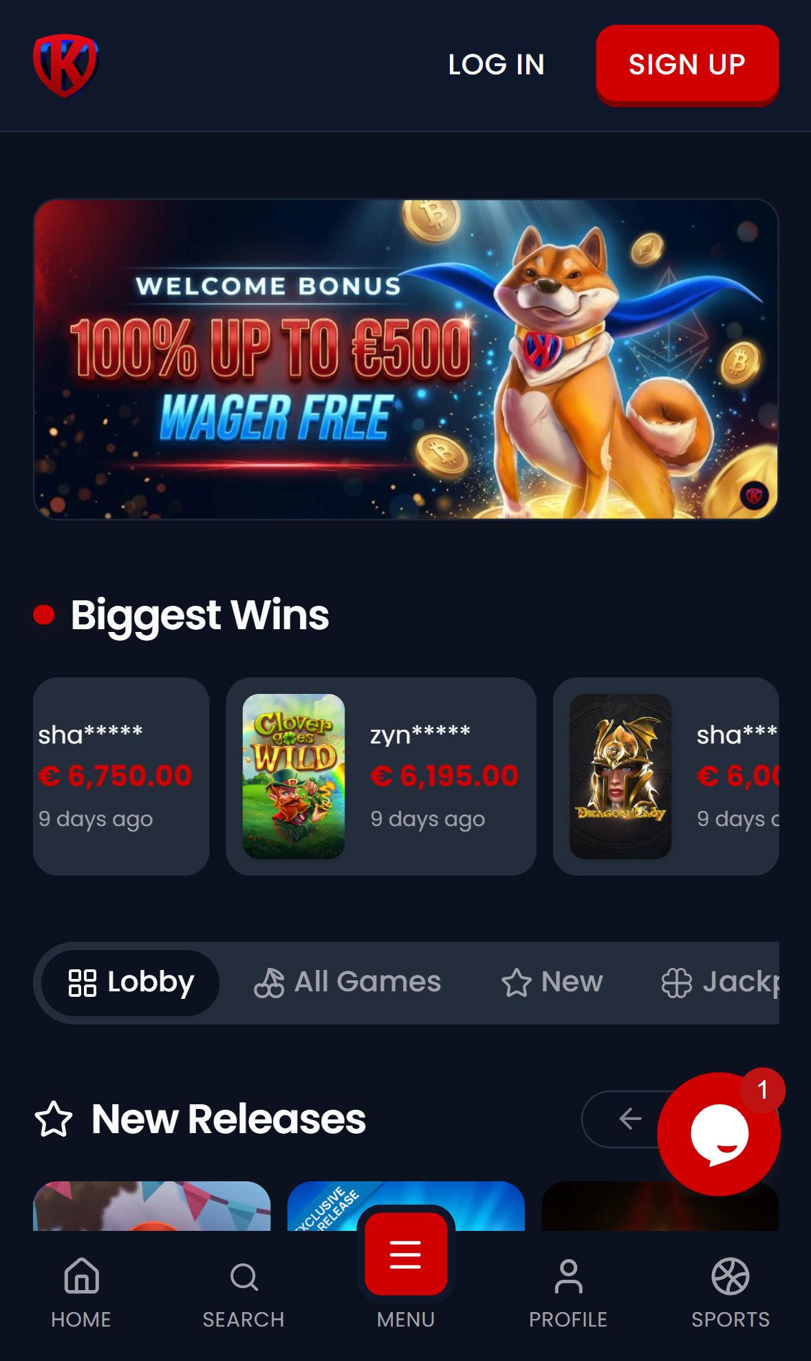 Kryptosino — Lobby (Mobile)