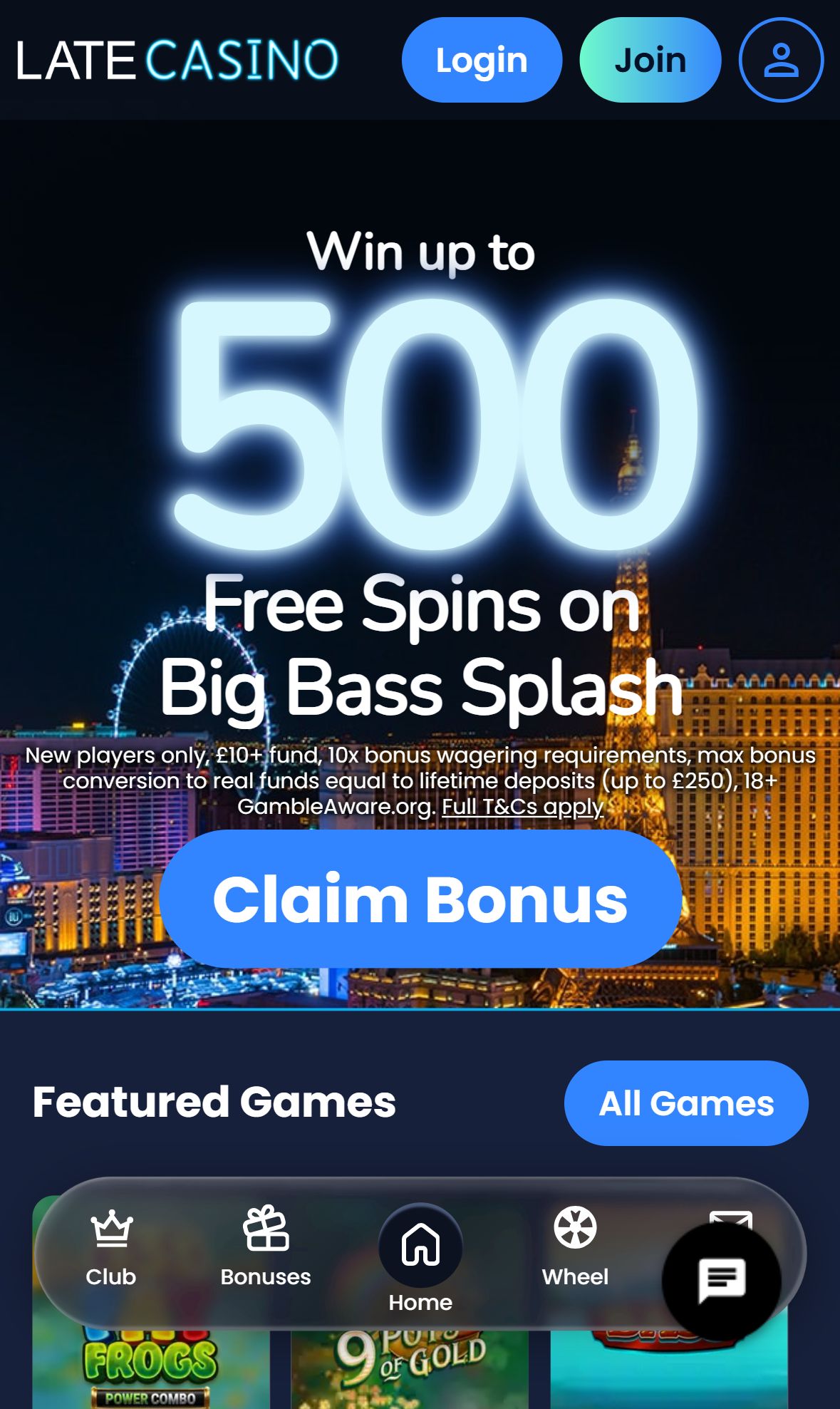 Late Casino — Homepage (Mobile)