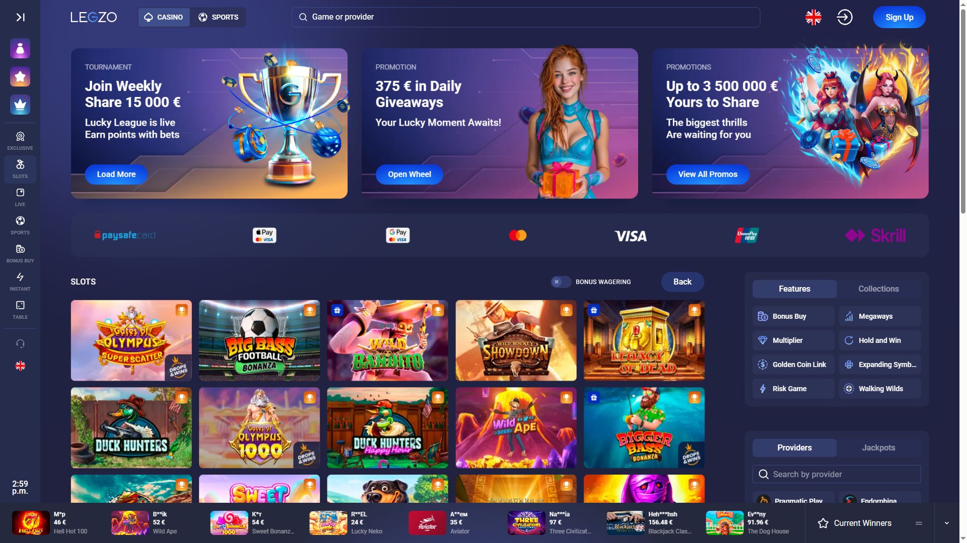 Legzo Casino — Lobby (Desktop)