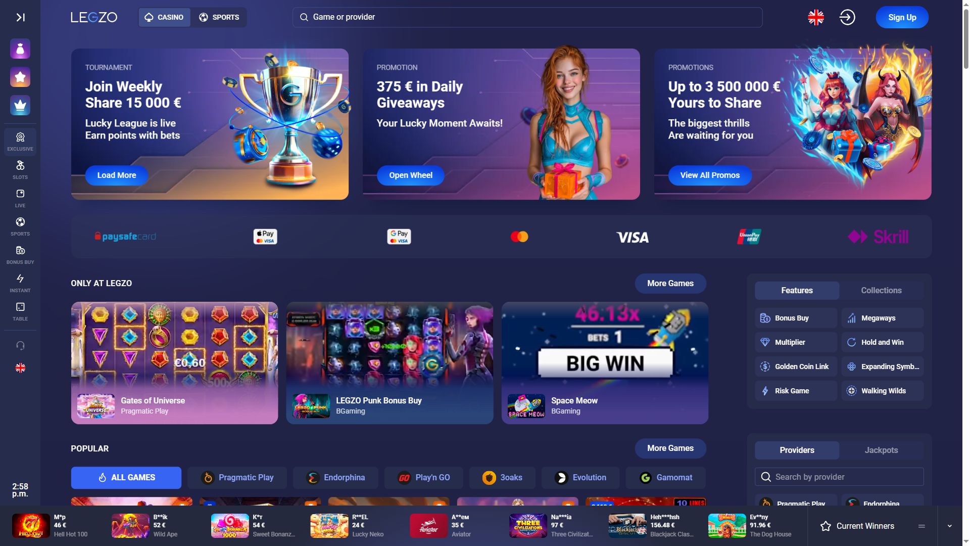 Legzo Casino — Homepage (Desktop)