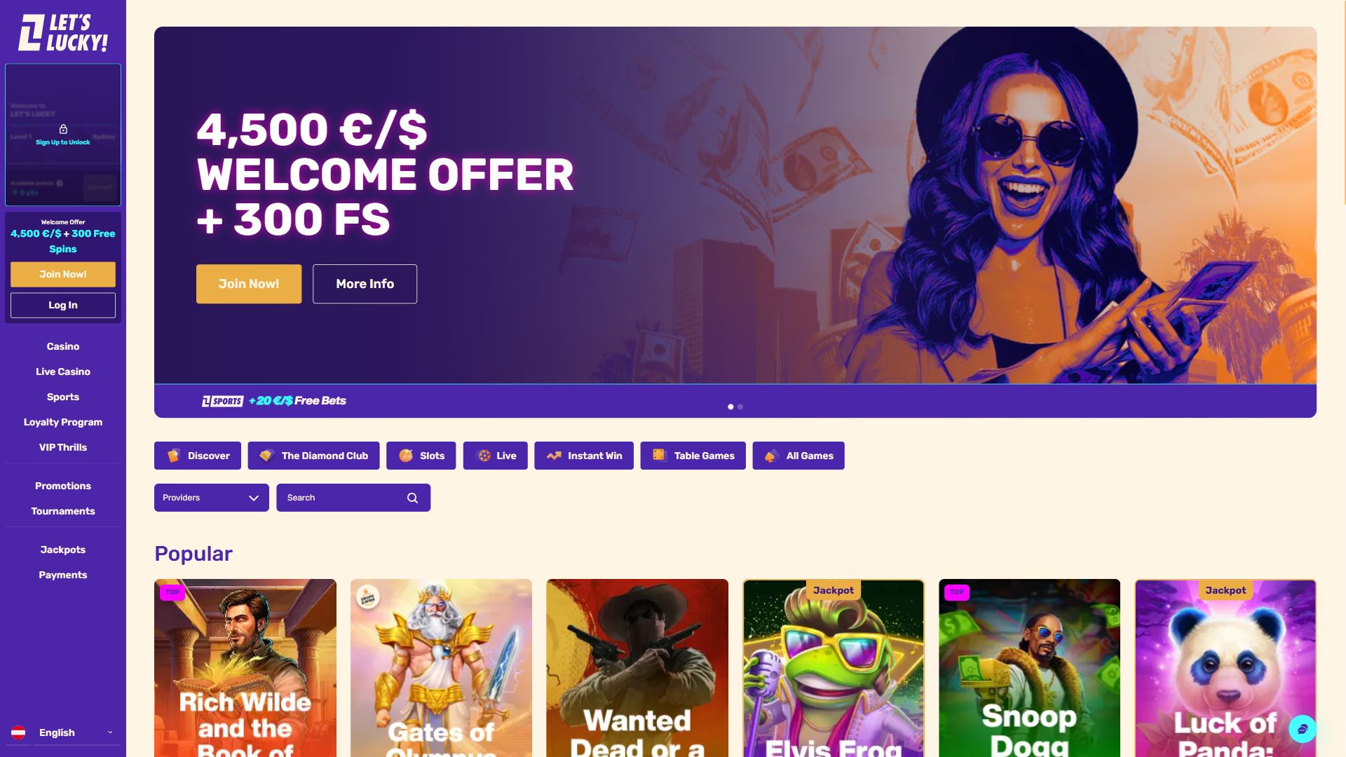 LetsLucky — Lobby (Desktop)