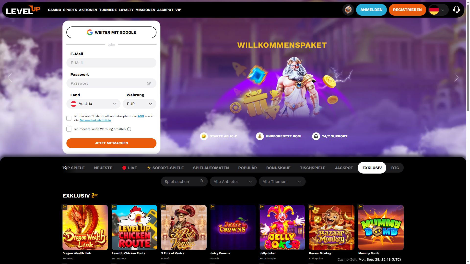 LevelUp Casino — Startseite (Desktop)