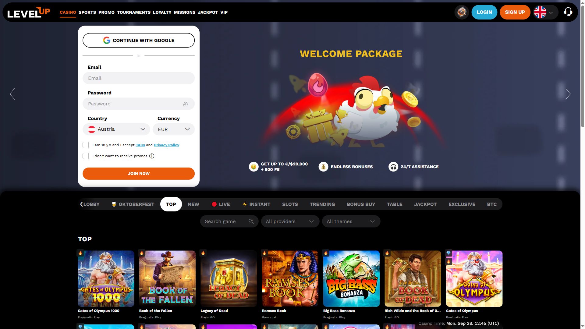 LevelUp Casino — Homepage (Desktop)