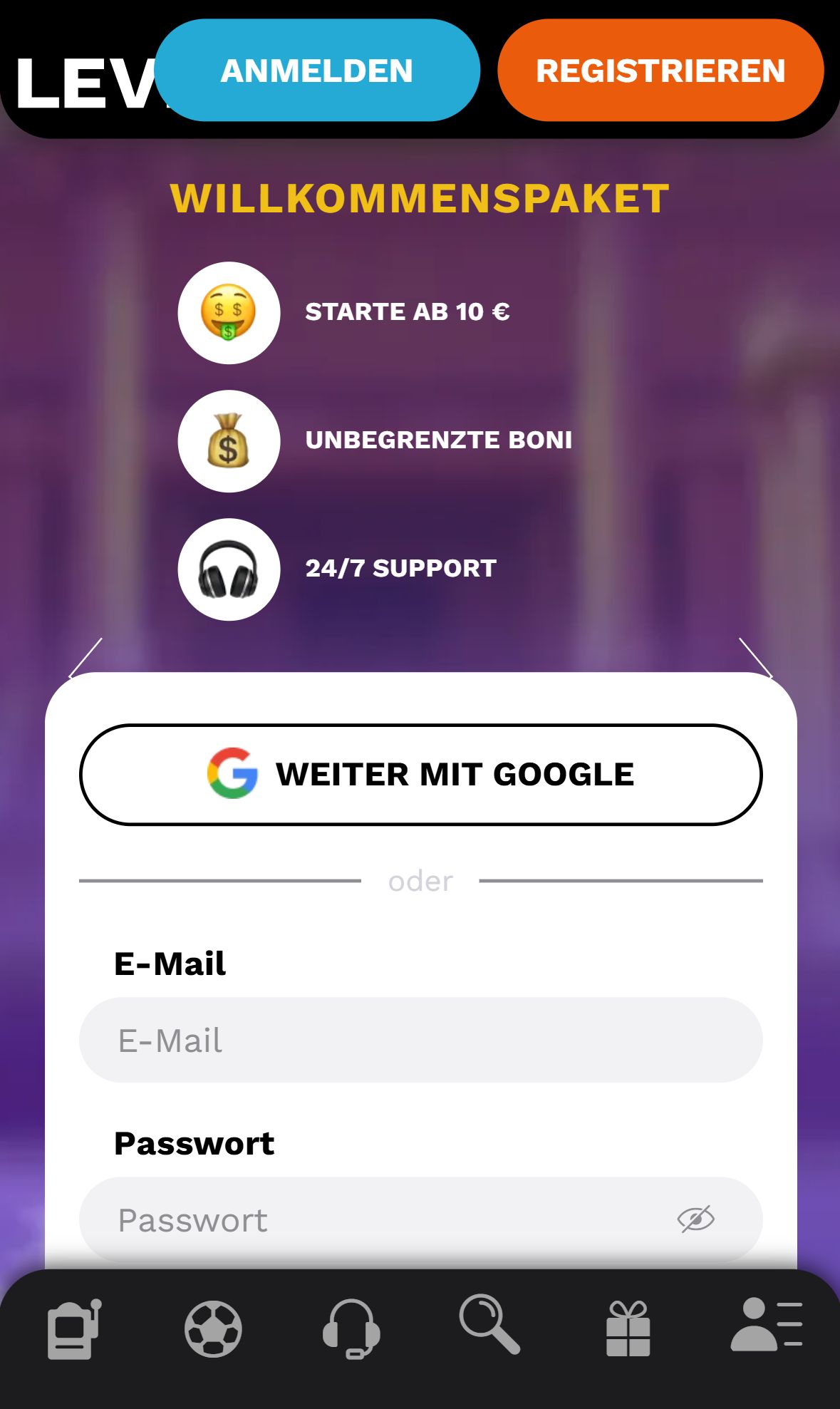 LevelUp Casino — Startseite (Mobil)