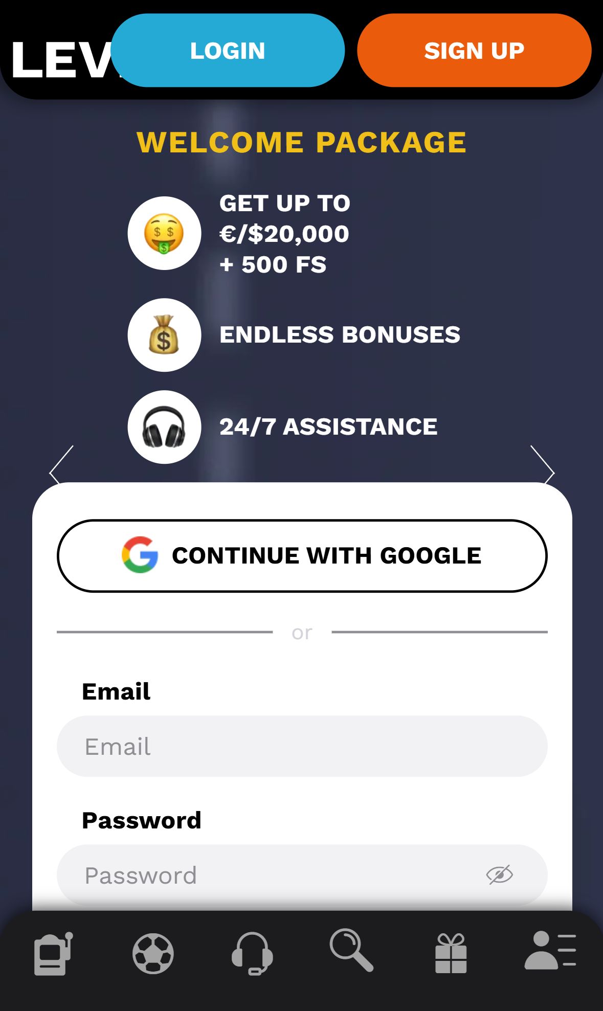 LevelUp Casino — Homepage (Mobile)