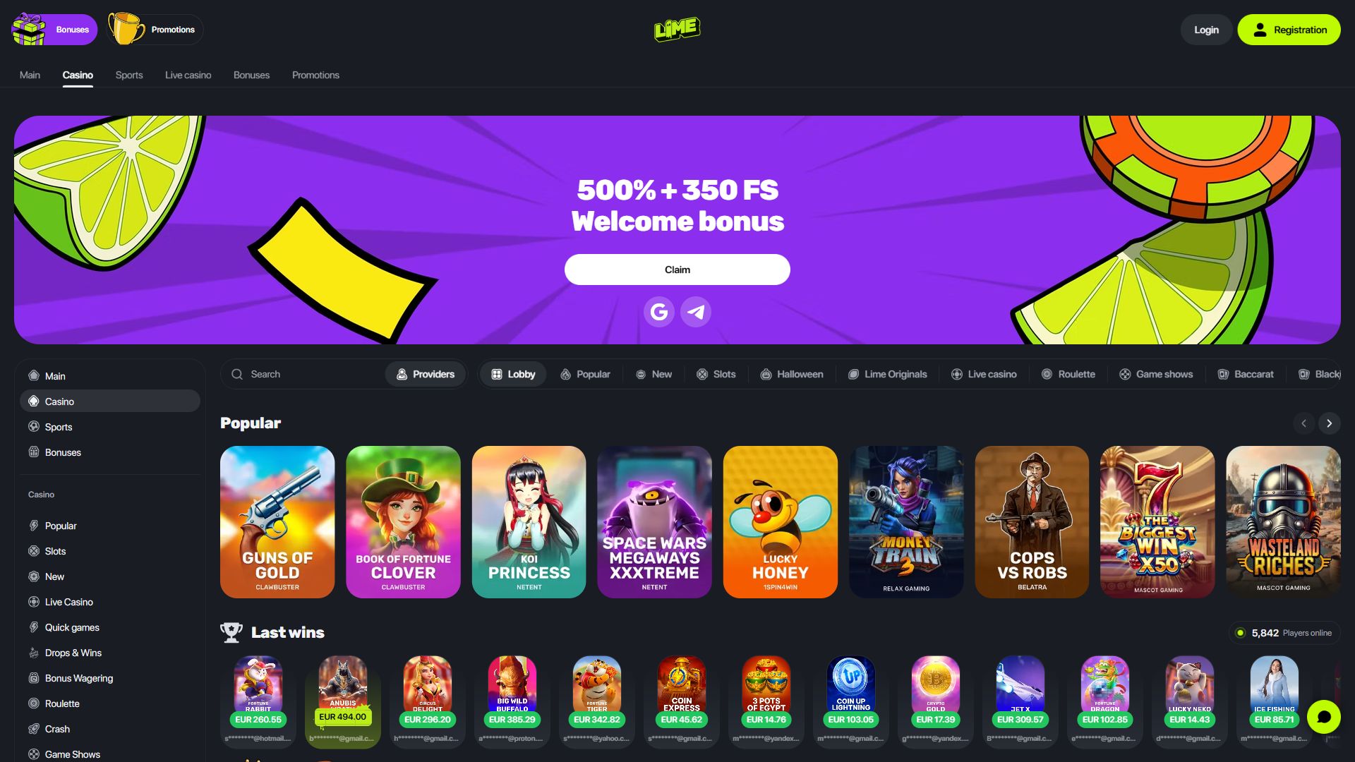 Lime Casino — Lobby (Desktop)