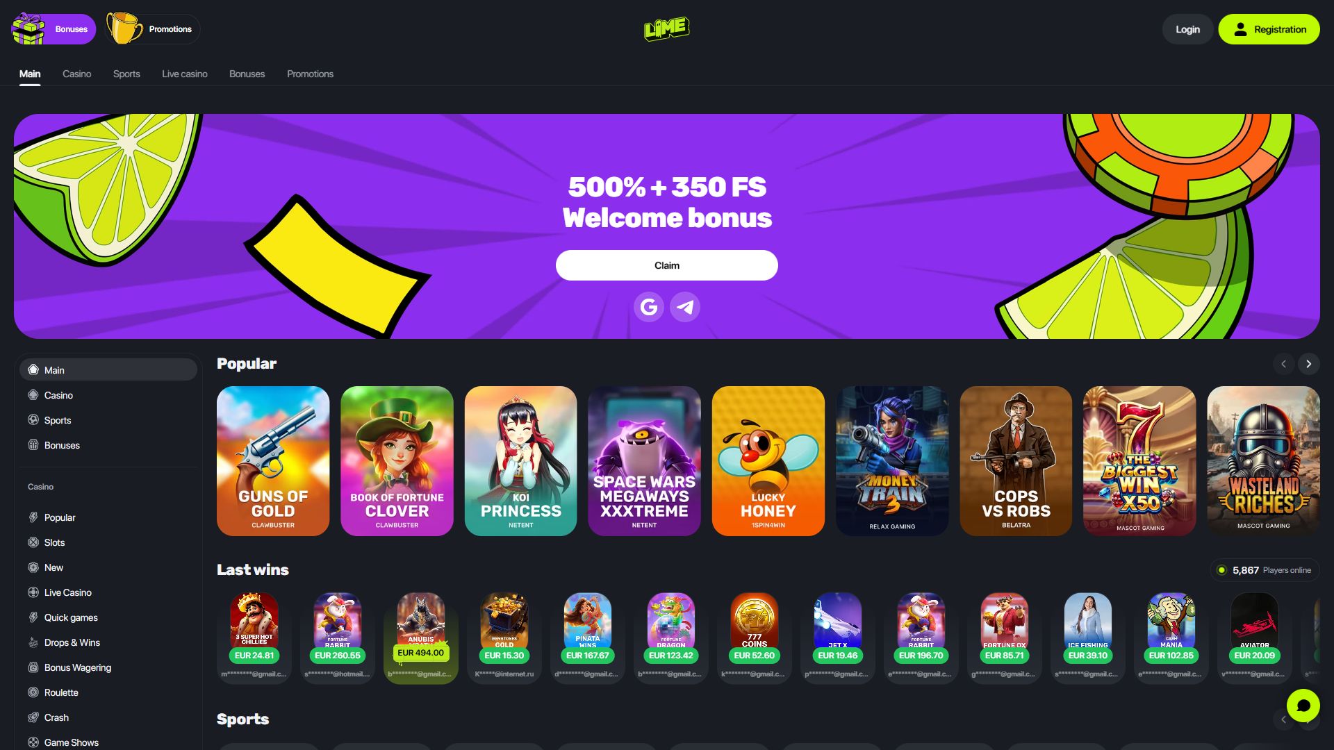 Lime Casino — Homepage (Desktop)