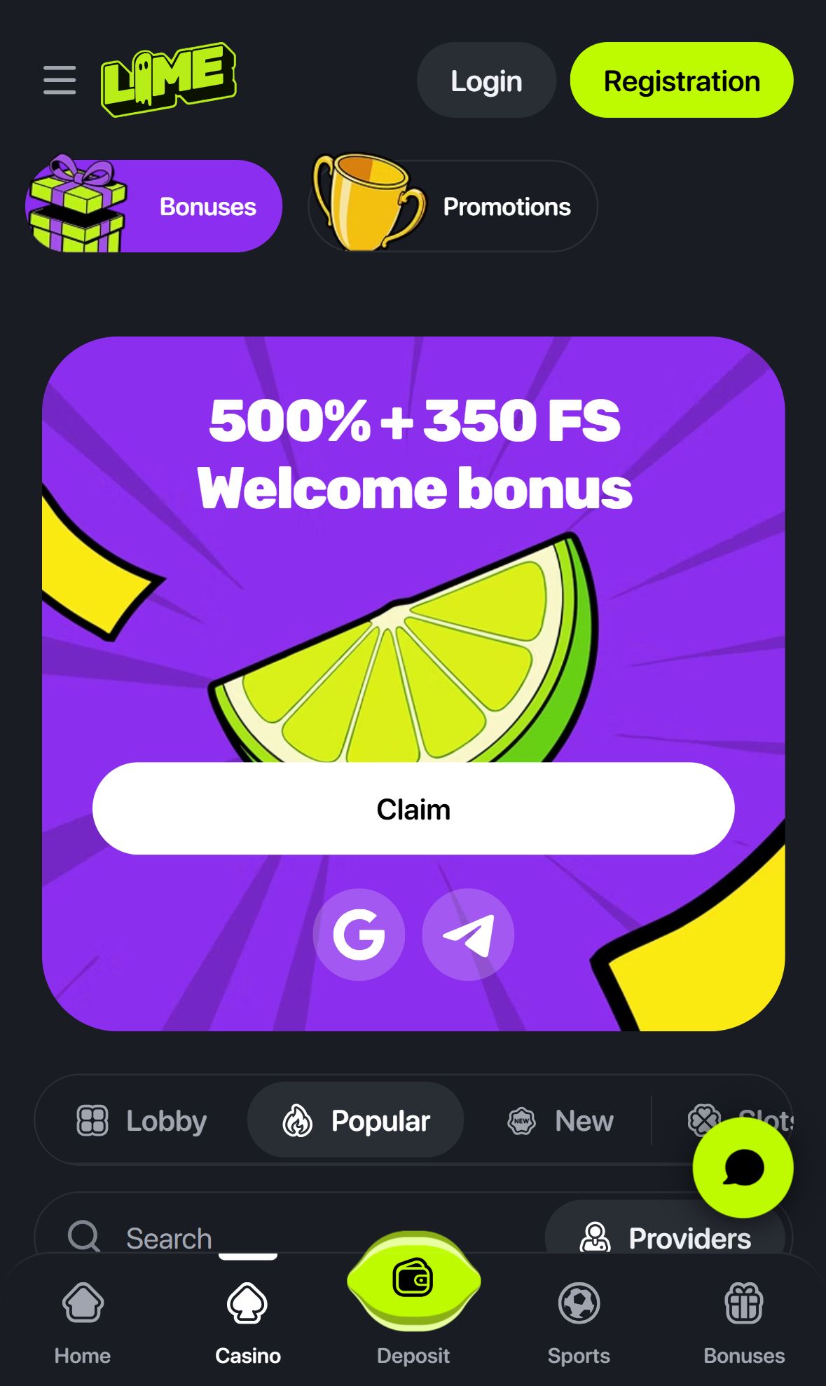 Lime Casino — Lobby (Mobile)