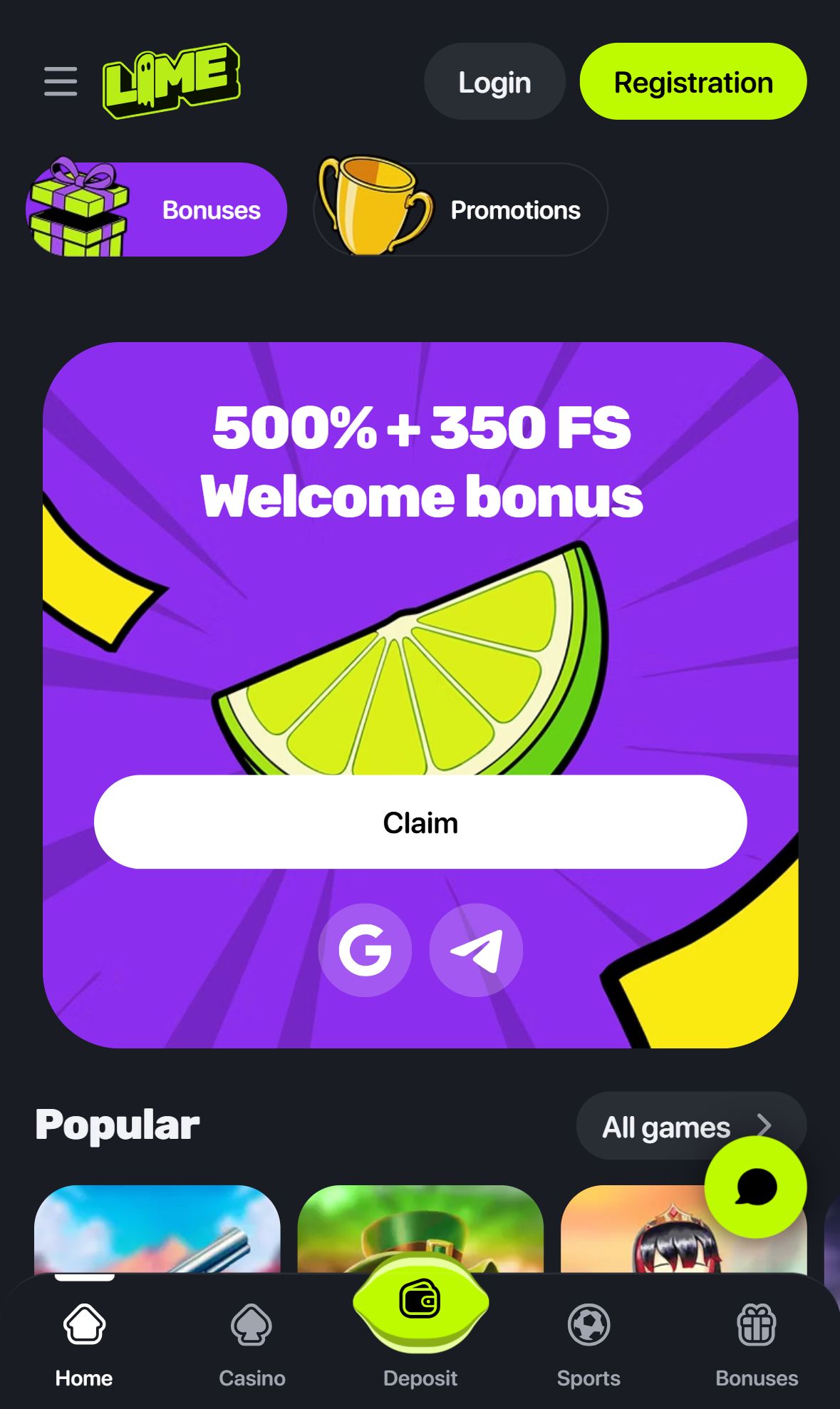 Lime Casino — Homepage (Mobile)