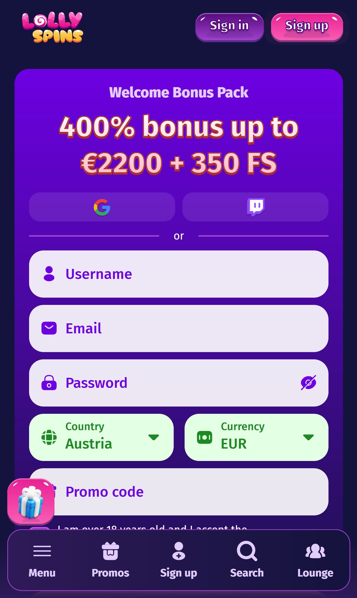 Lolly Spins — Homepage (Mobile)