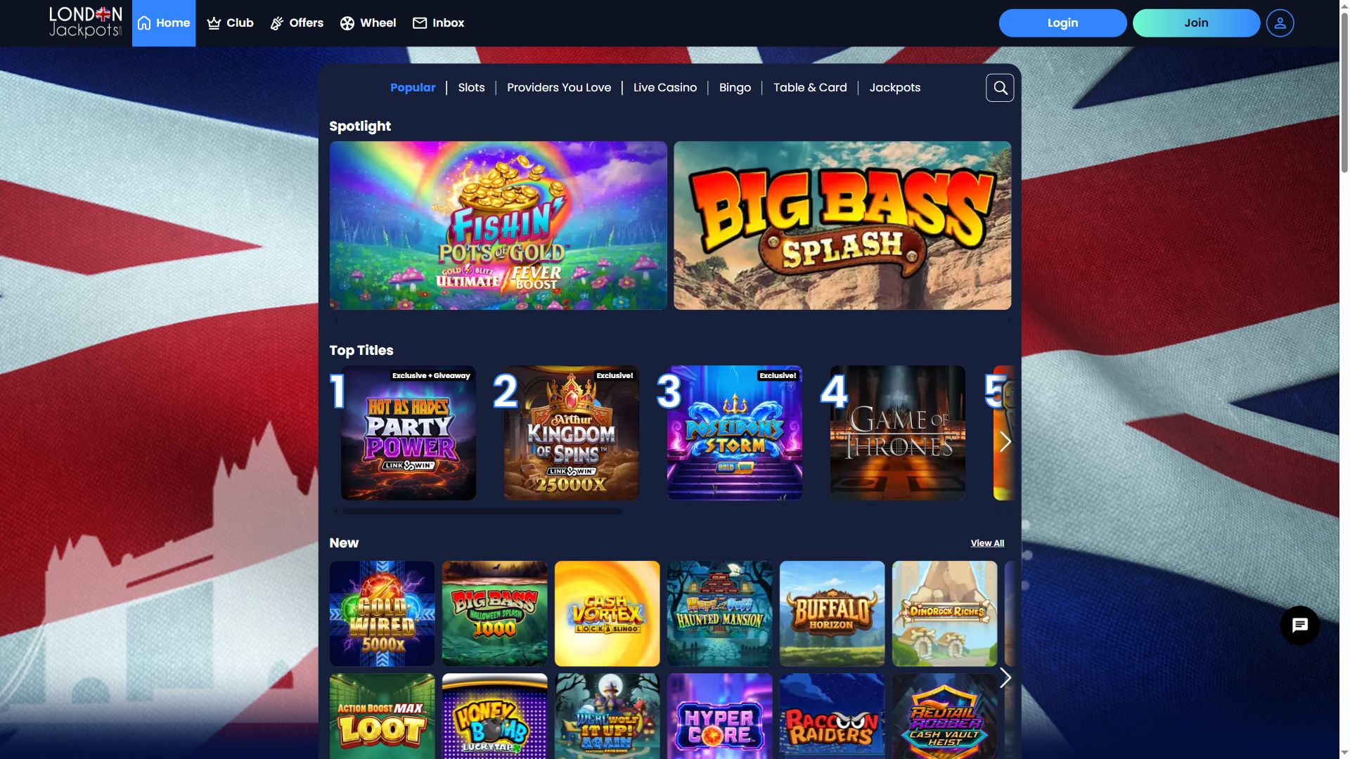 London Jackpots — Lobby (Desktop)