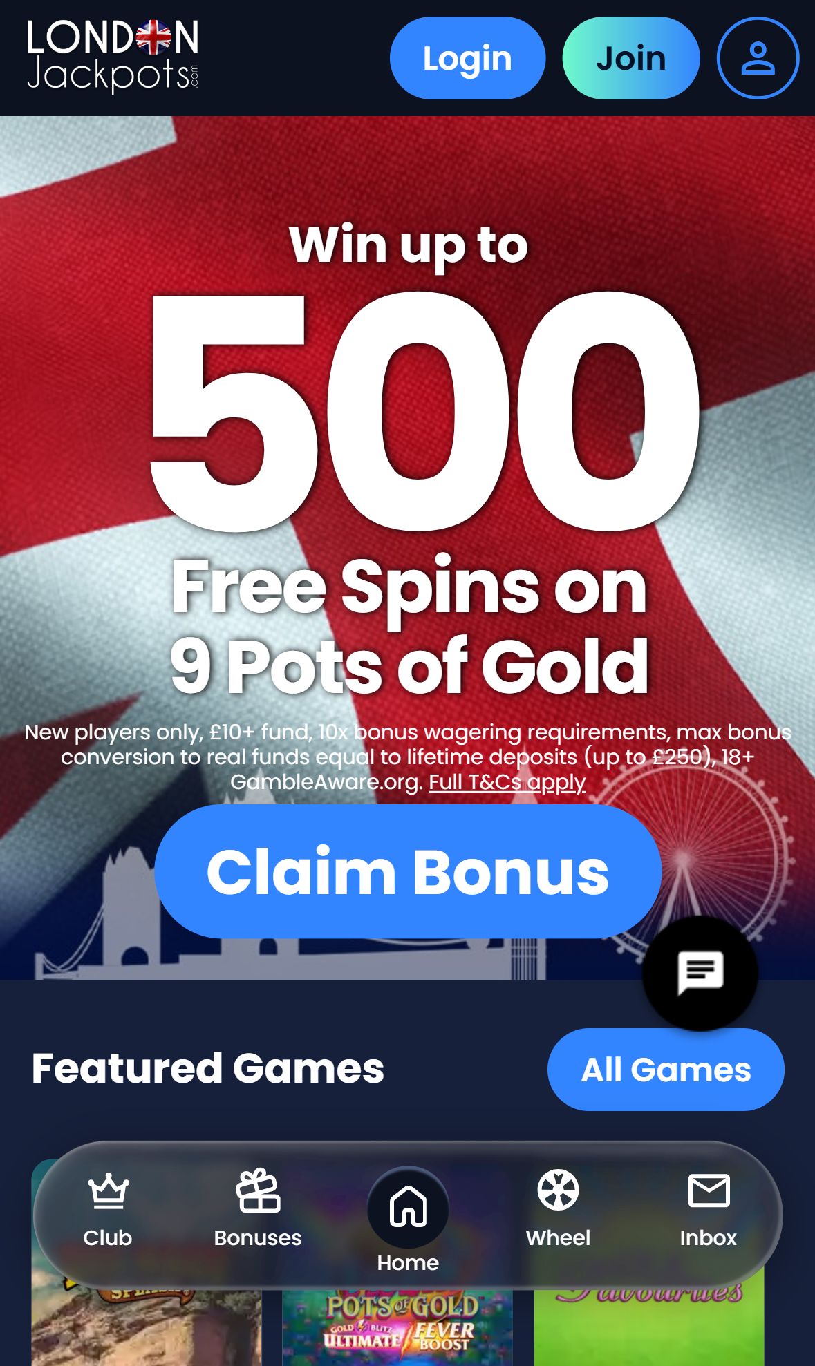 London Jackpots — Homepage (Mobile)