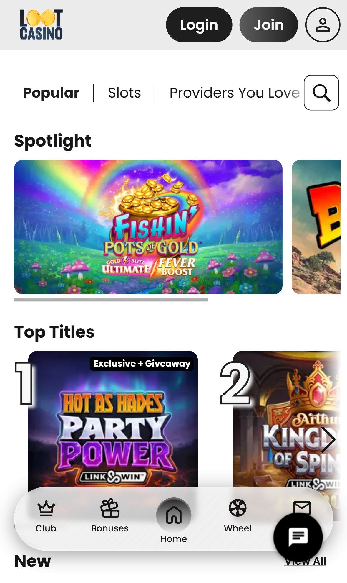 Loot Casino — Lobby (Mobile)