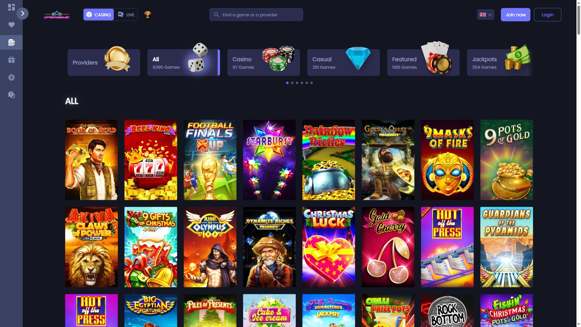 LotteryCasino — Lobby (Desktop)
