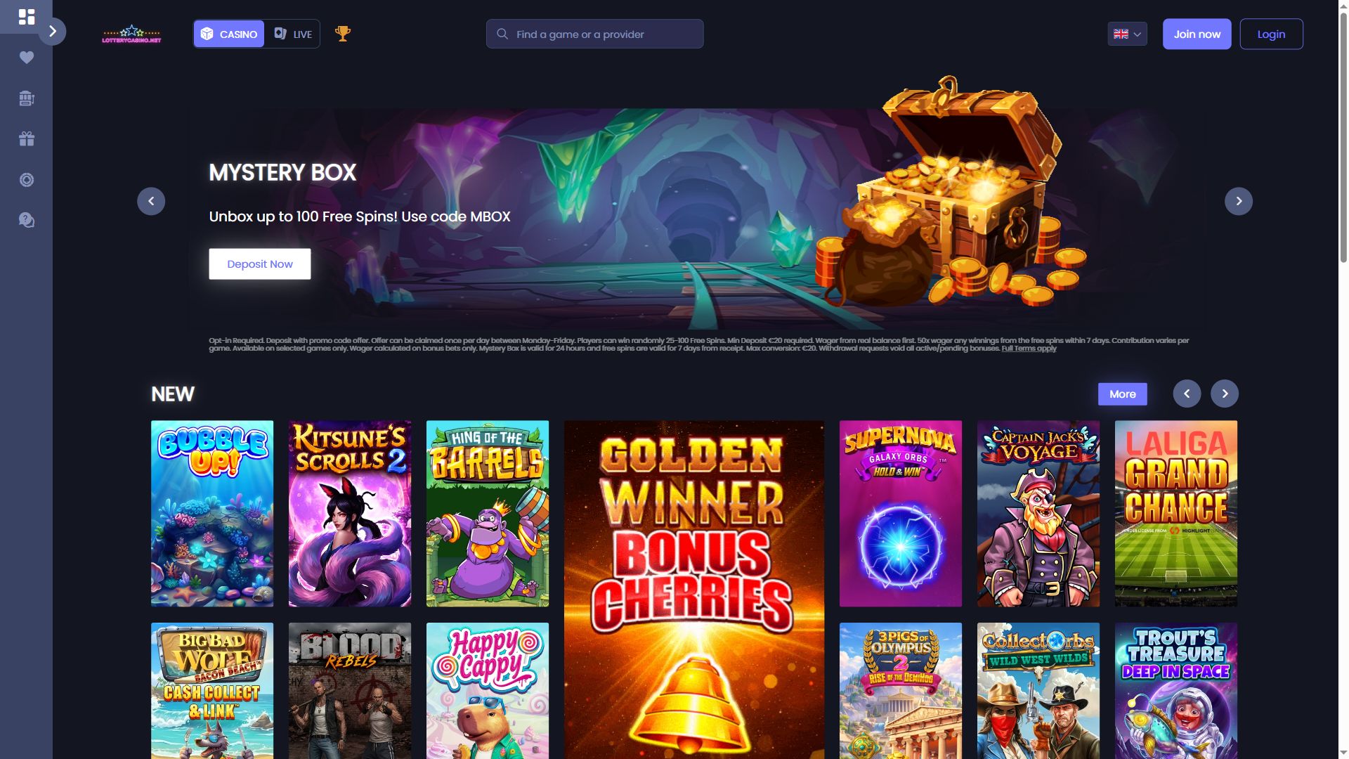 LotteryCasino — Homepage (Desktop)