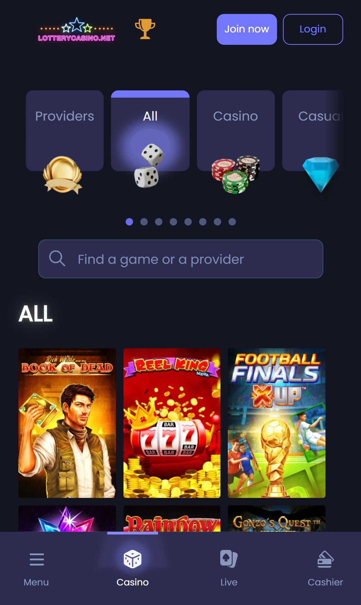 LotteryCasino — Lobby (Mobile)
