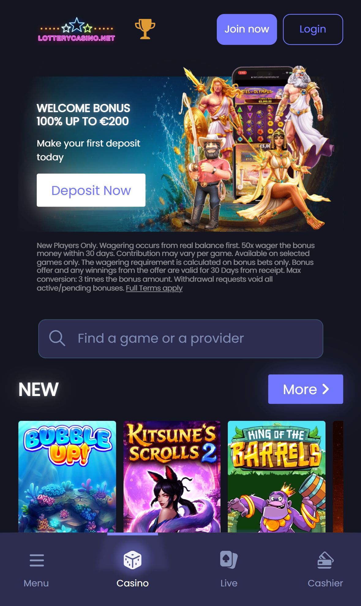 LotteryCasino — Homepage (Mobile)