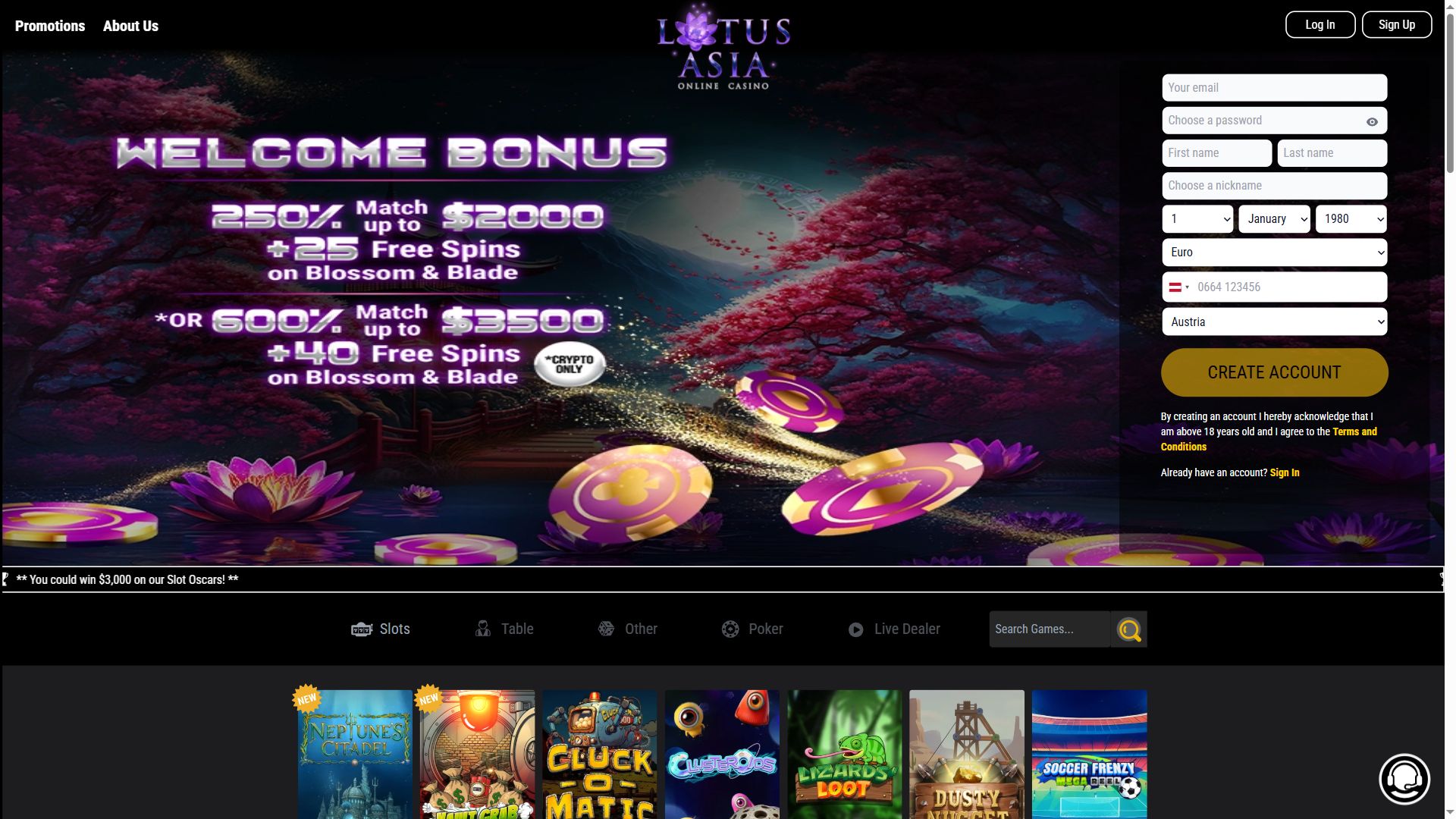 Lotus Asia Casino — Homepage (Desktop)