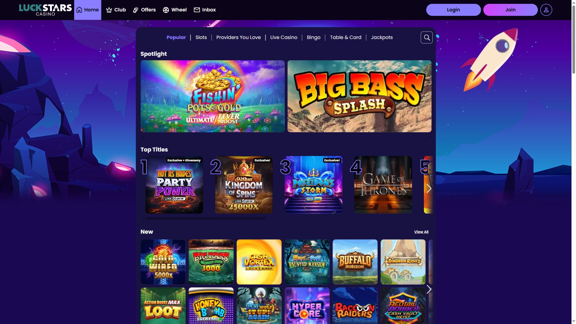Luck Stars Casino — Lobby (Desktop)