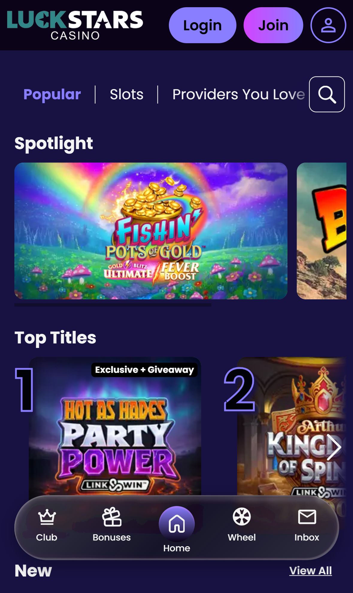 Luck Stars Casino — Lobby (Mobile)