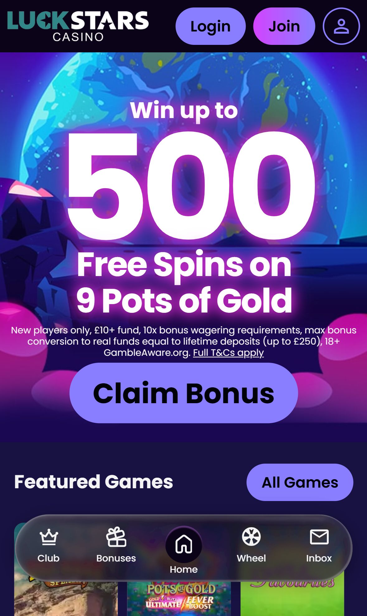 Luck Stars Casino — Homepage (Mobile)