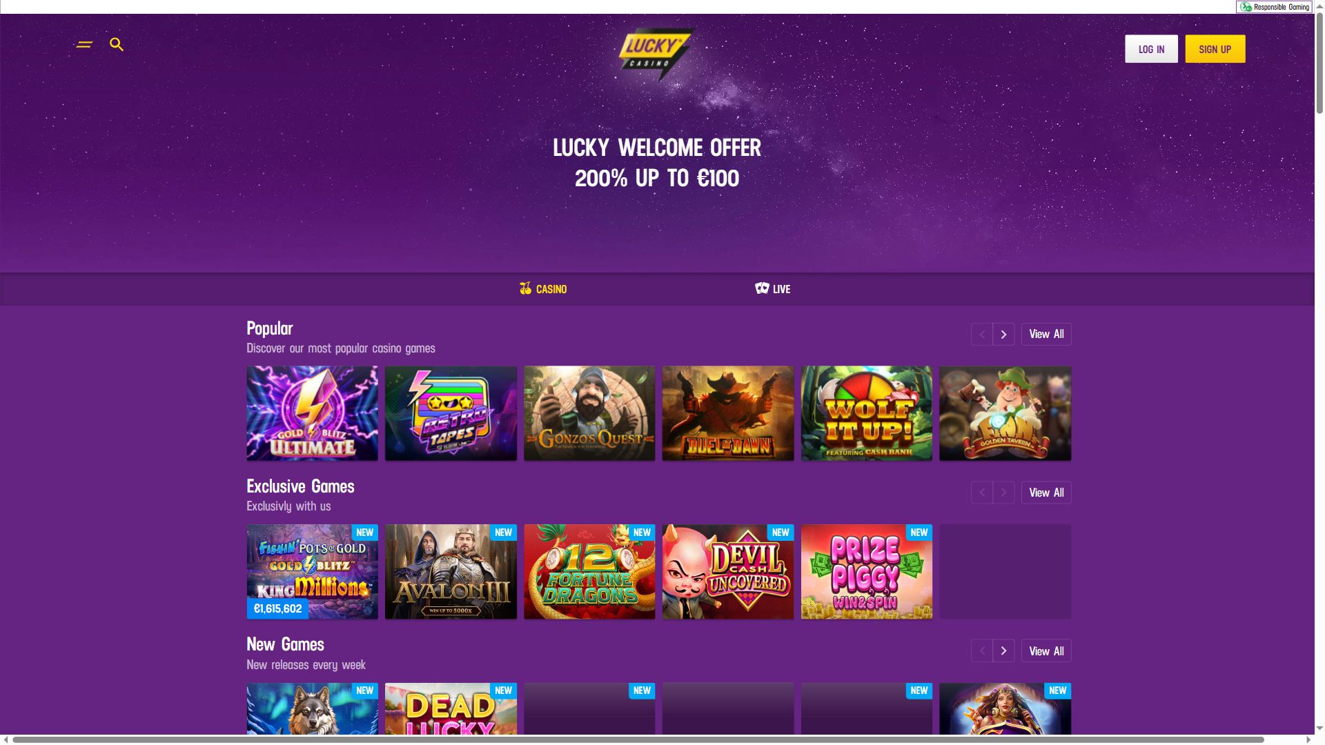Lucky Casino — Homepage (Desktop)