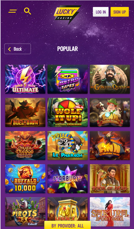 Lucky Casino — Lobby (Mobile)