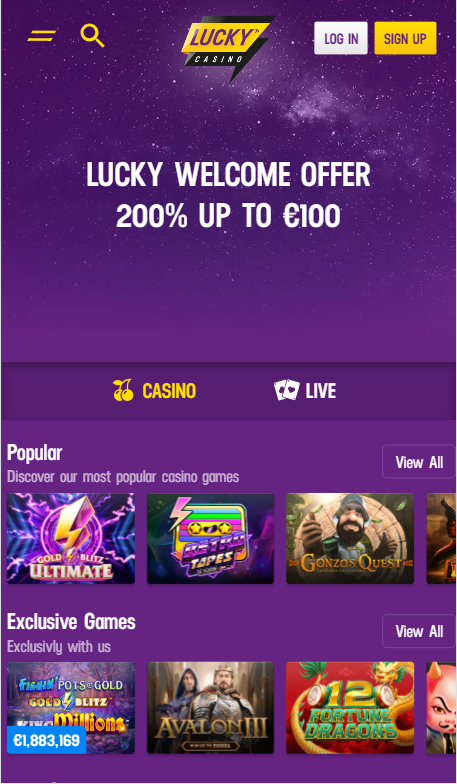 Lucky Casino — Homepage (Mobile)