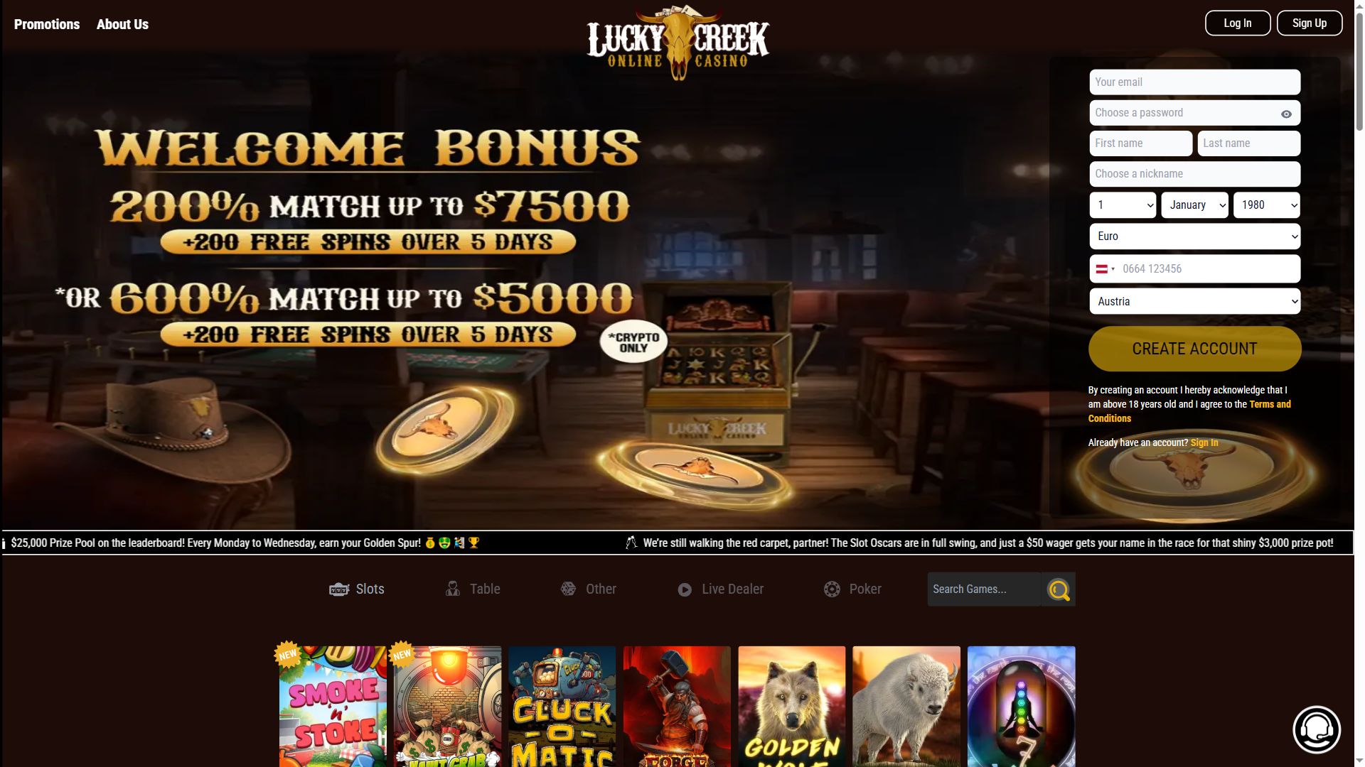 Lucky Creek — Homepage (Desktop)