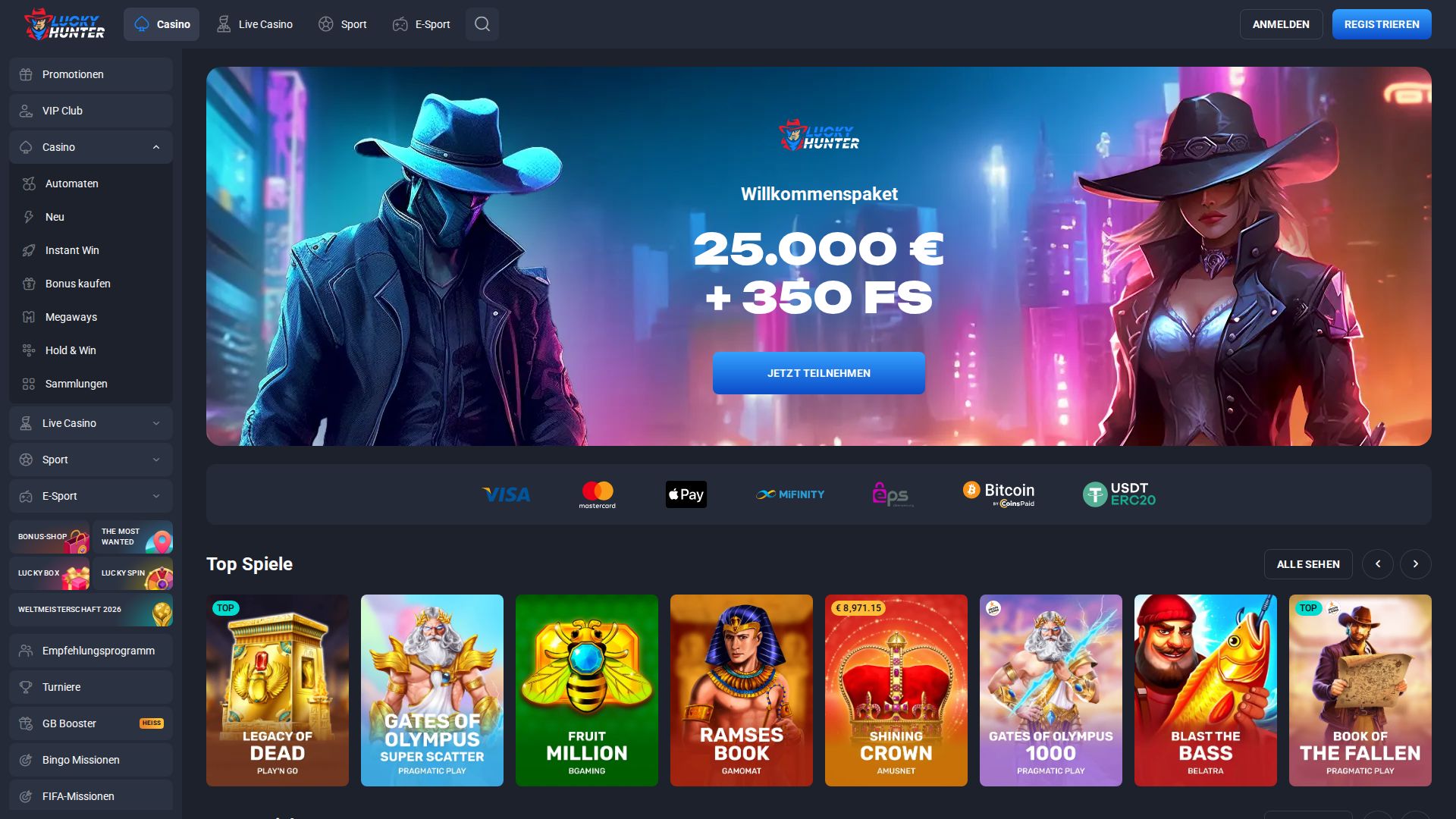 Lucky Hunter — Startseite (Desktop)