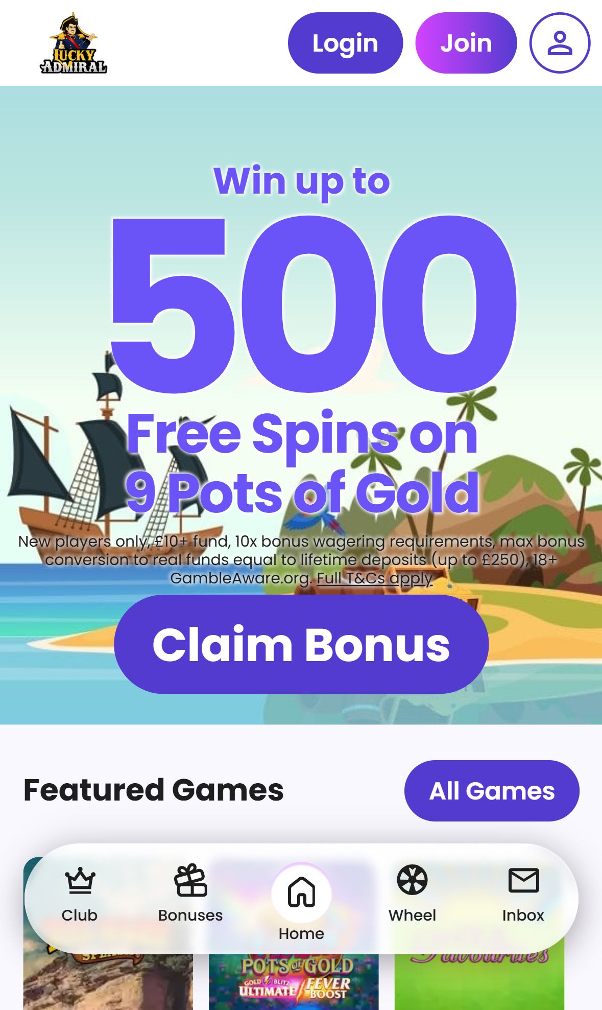 Lucky Admiral — Homepage (Mobile)