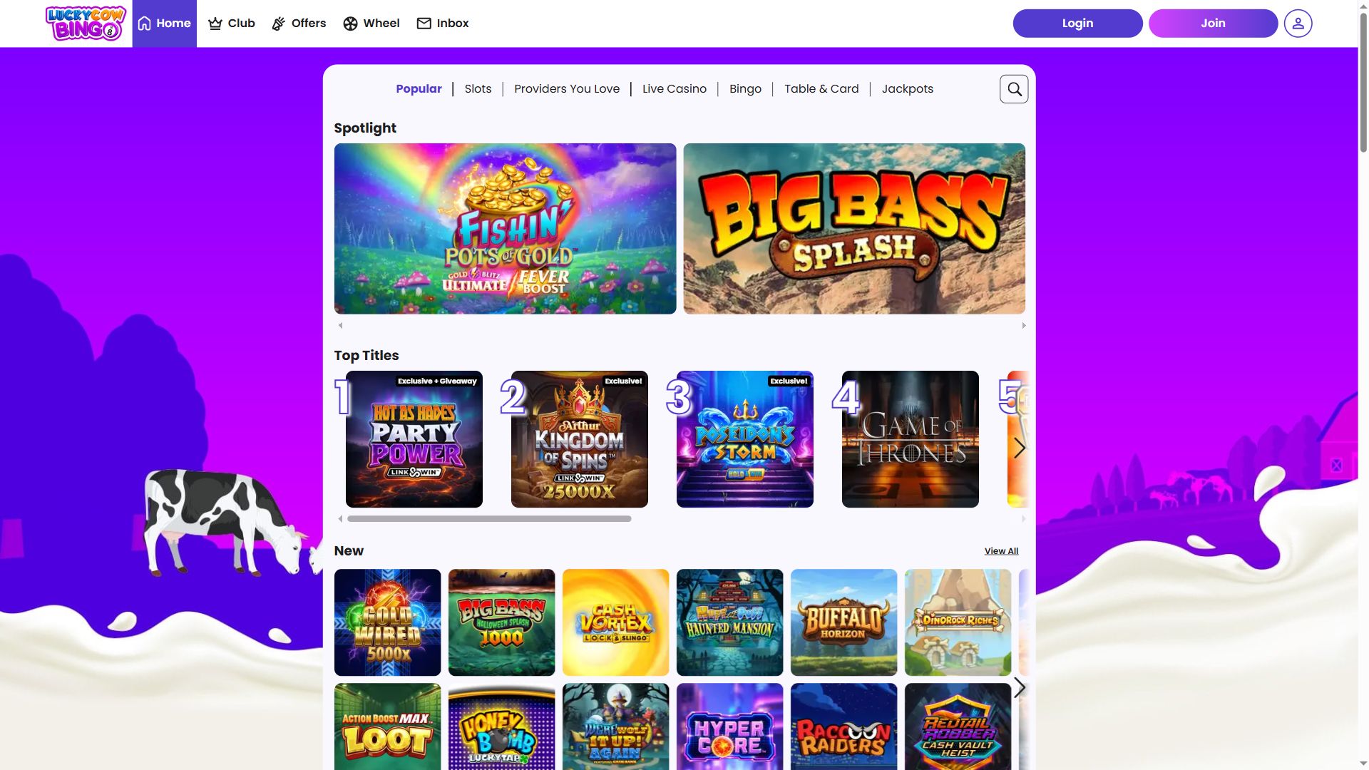 Lucky Cow Bingo — Lobby (Desktop)