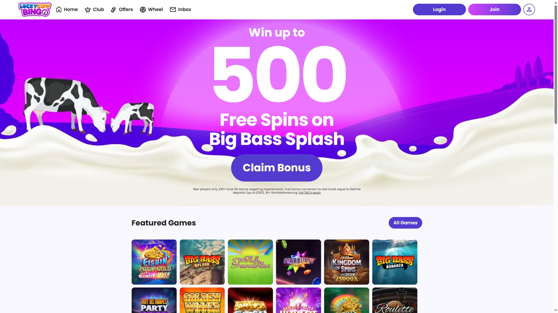 Lucky Cow Bingo — Homepage (Desktop)