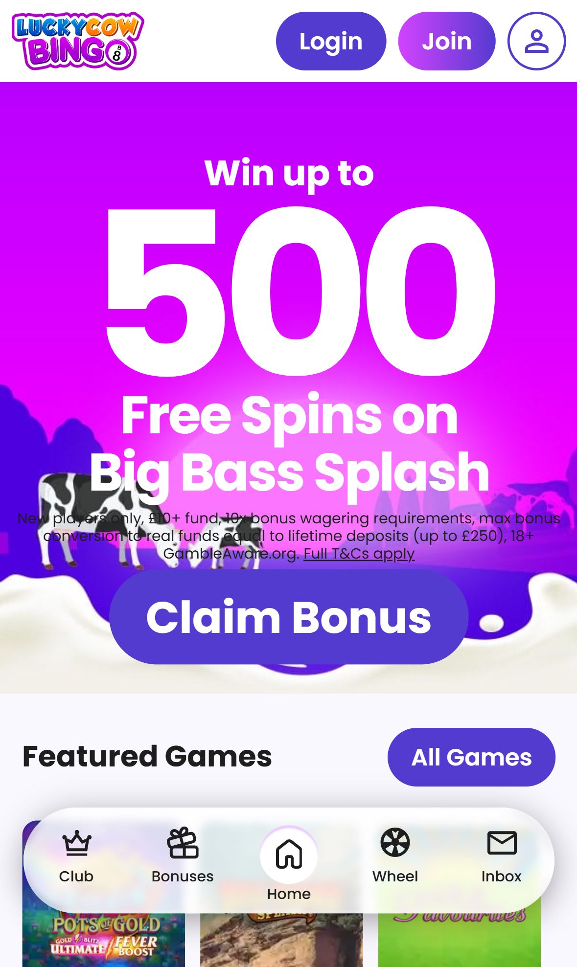 Lucky Cow Bingo — Homepage (Mobile)
